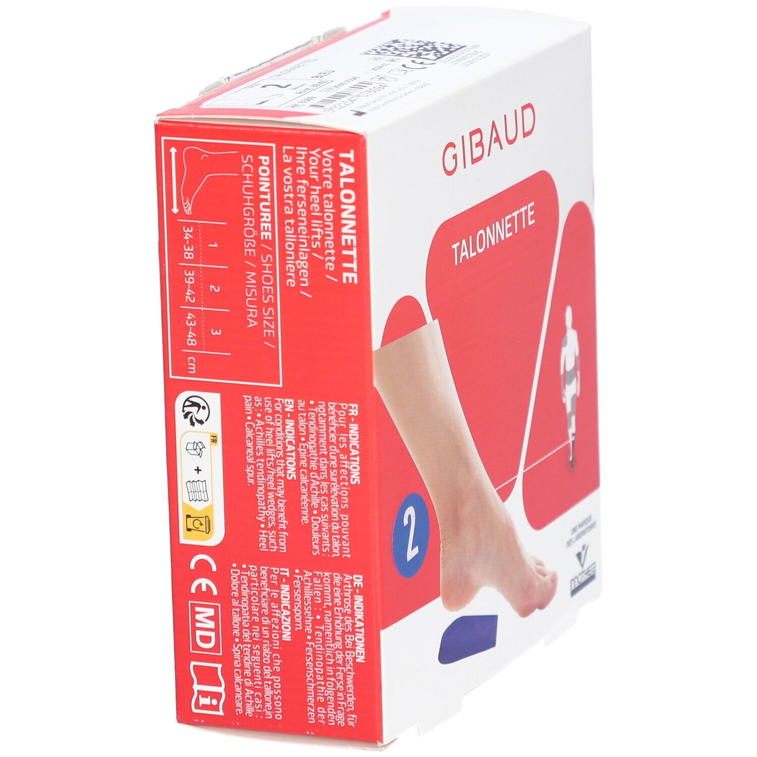 Boîte Gibaud Talonnette, vue latérale. Informations tailles et produit. Illustration pied et insert bleu.