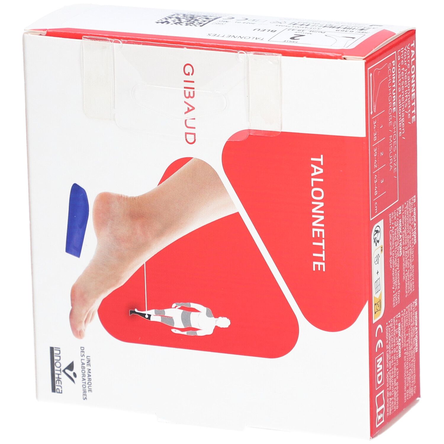 Boîte Gibaud Talonnette. Vue avec illustration pied, insert bleu et nom du produit. Marque et marquage CE.