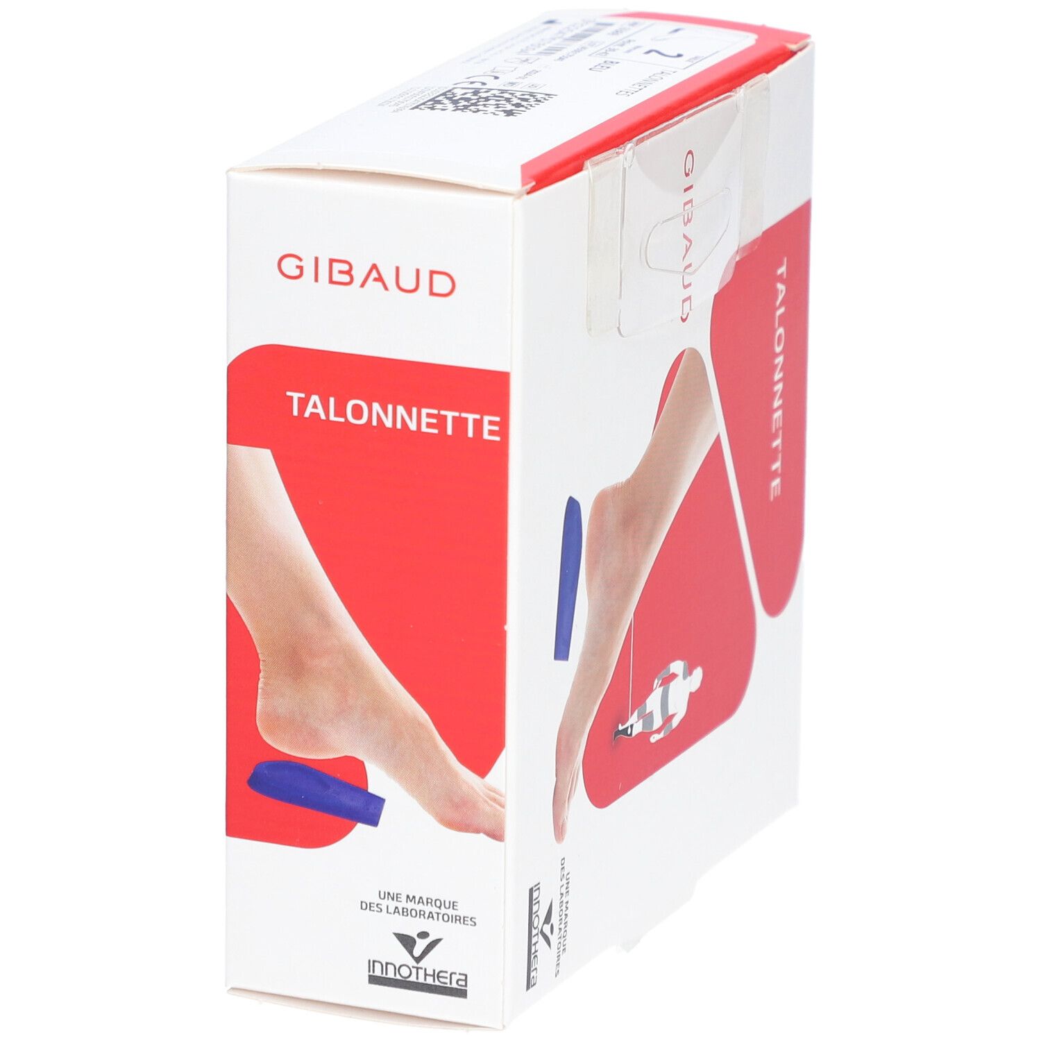 Boîte Gibaud Talonnette, vue latérale. Illustration pied, insert bleu et nom du produit. Marquage CE.