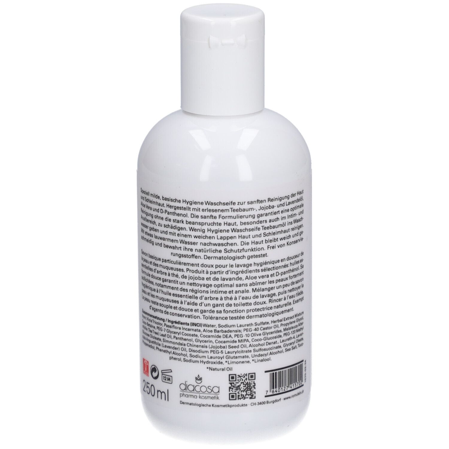 Flacon blanc avec bouchon rabattable. Dos avec texte, ingrédients et 250ml. ROMULSIN CARE, Hygiene Waschseife, Huile essentielle d'arbre à thé.