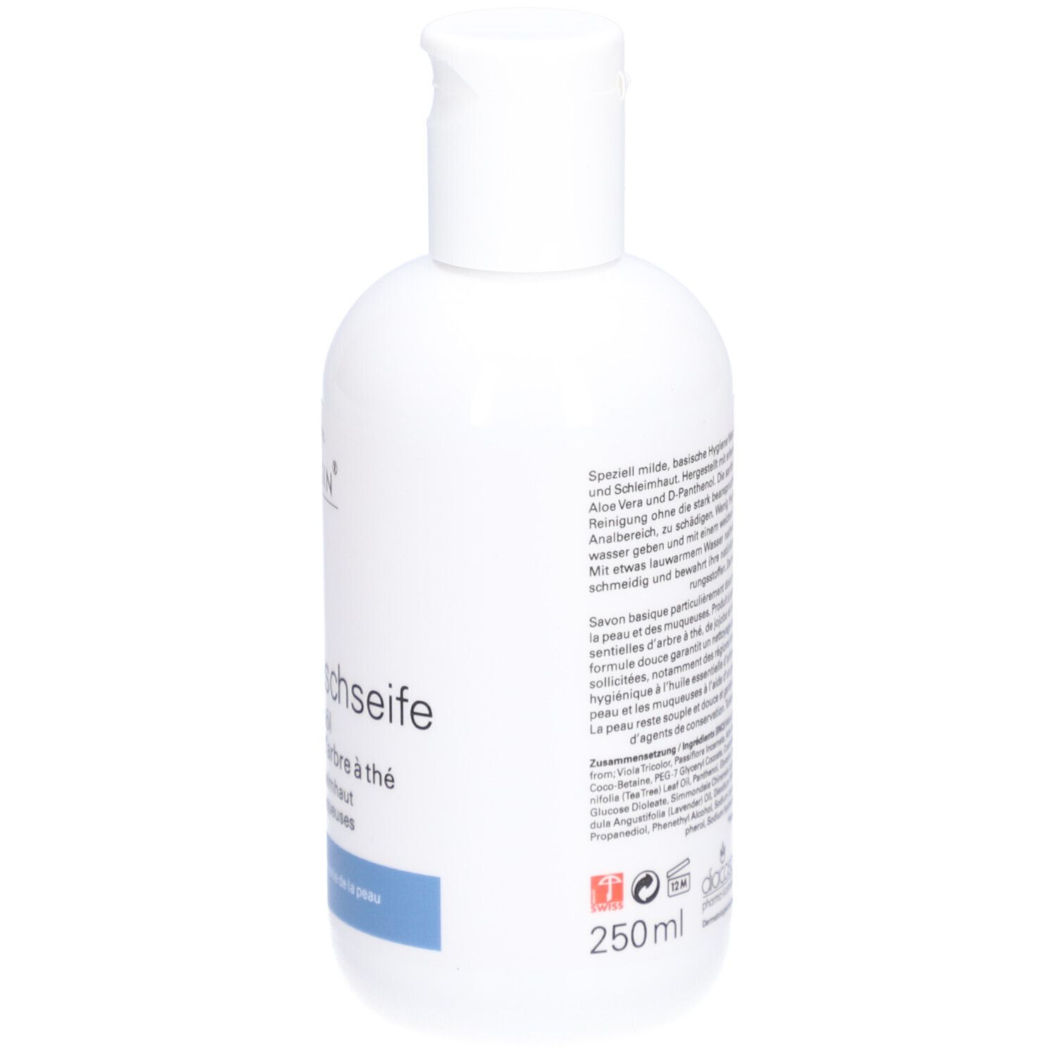 Flacon blanc avec bouchon rabattable. Dos avec texte et 250ml. ROMULSIN CARE, Hygiene Waschseife, Huile essentielle d'arbre à thé.