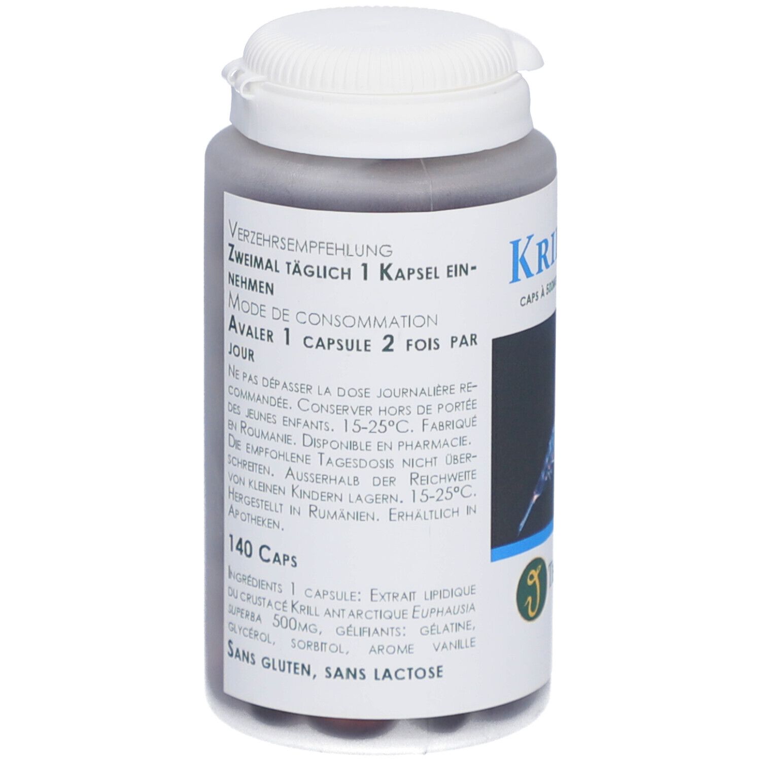 Flacon gris avec couvercle blanc. Dos avec texte : Recommandations, 140 gélules, ingrédients, Sans gluten, Sans lactose. Logo Thiemard.