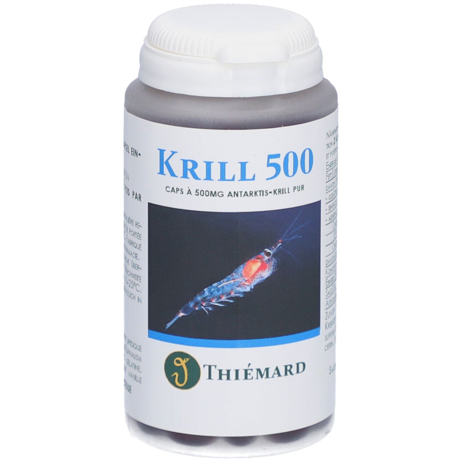 Flacon gris avec couvercle blanc. Inscription : Krill 500, Caps à 500mg Antarctique-Krill pur. Logo Thiemard. Illustration de krill.