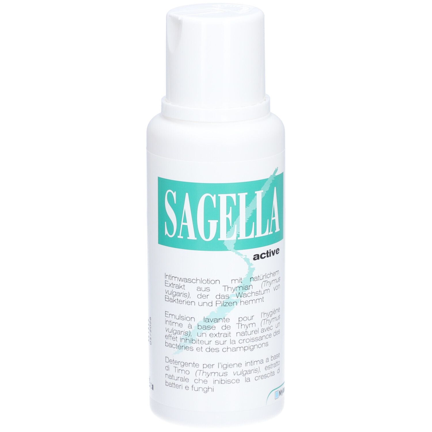 Flacon blanc avec étiquette verte. Inscription : Sagella active. Texte en allemand, italien, français.