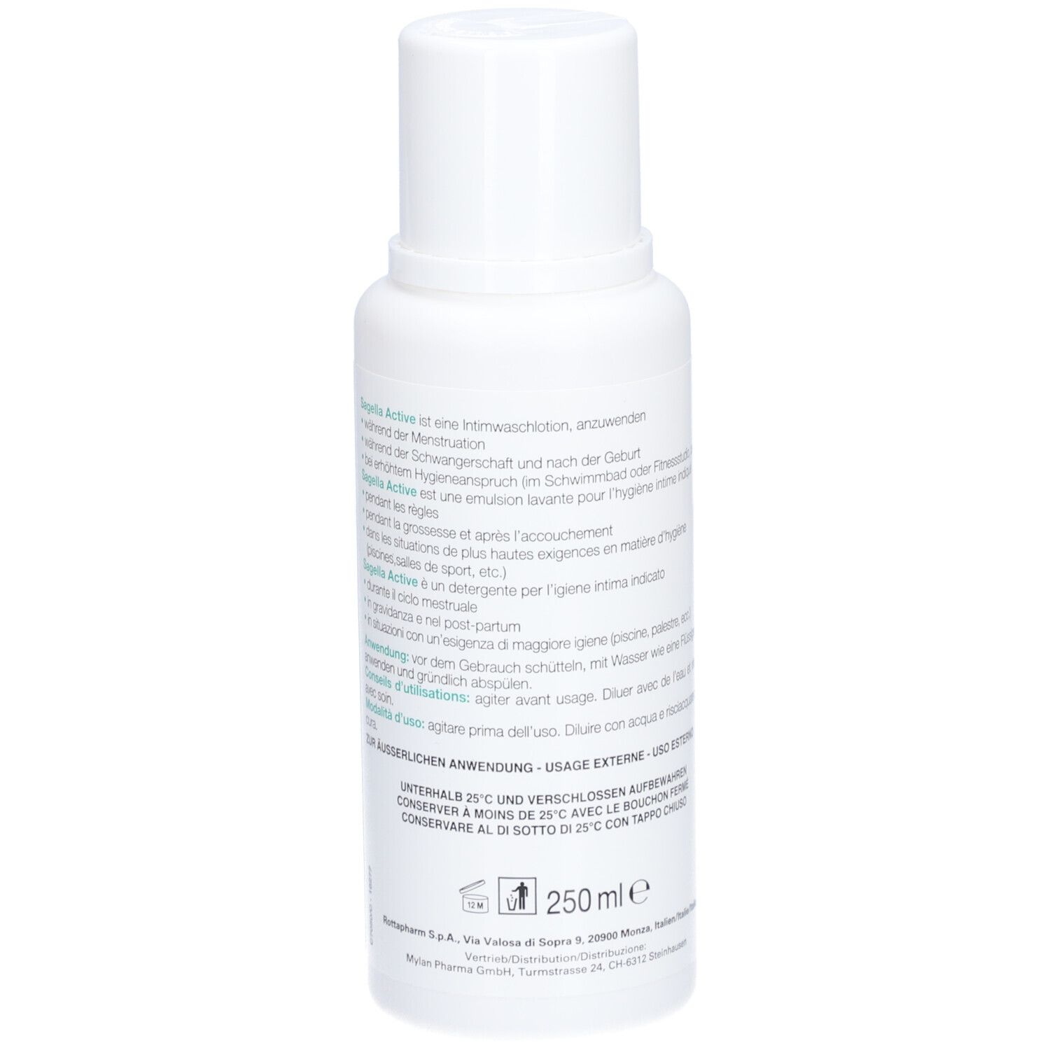 Flacon blanc, dos avec texte. Inscription : Sagella. Texte en allemand, italien, français. 250 ml.