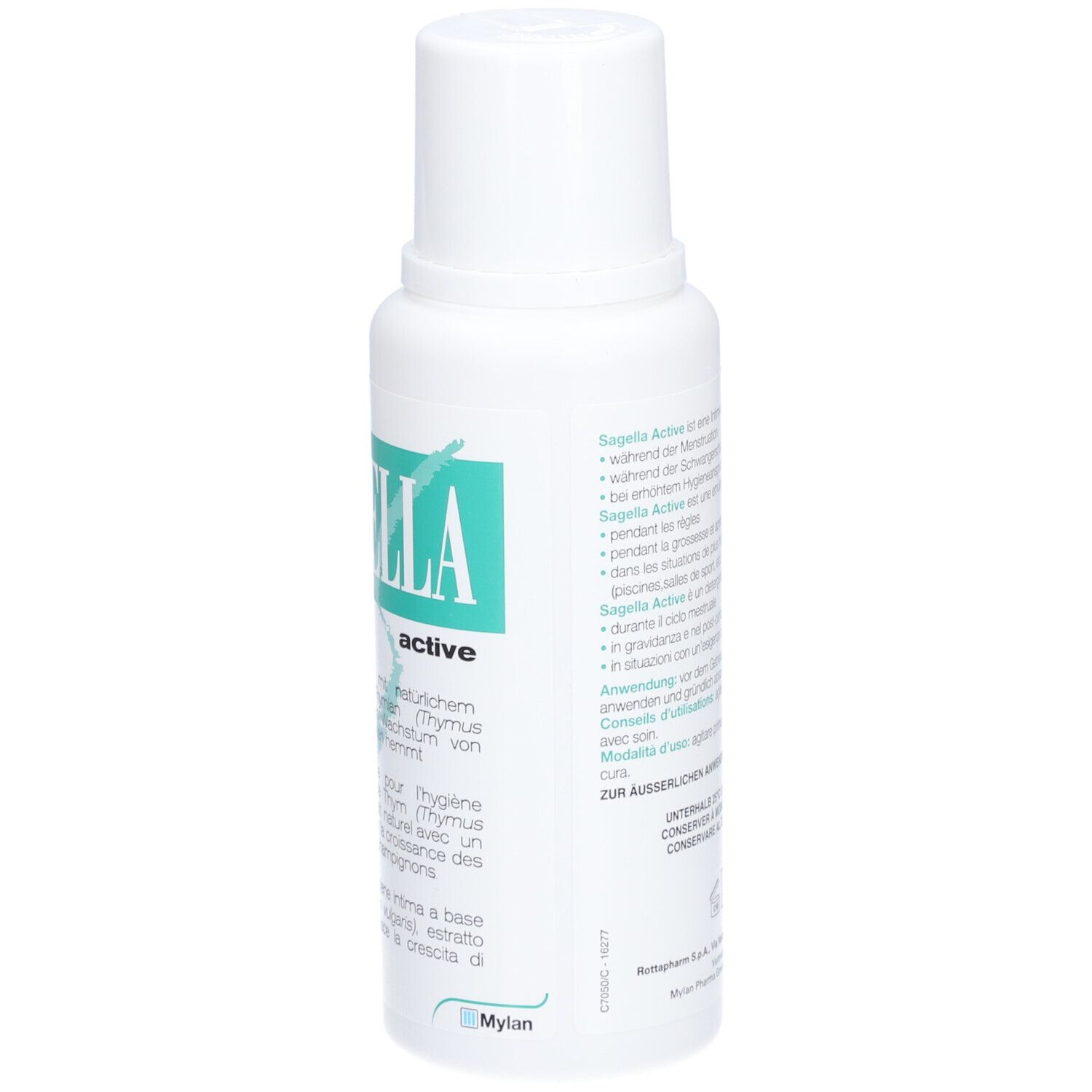 Flacon blanc avec étiquette verte. Inscription : Sagella active. Texte en allemand, italien, français.