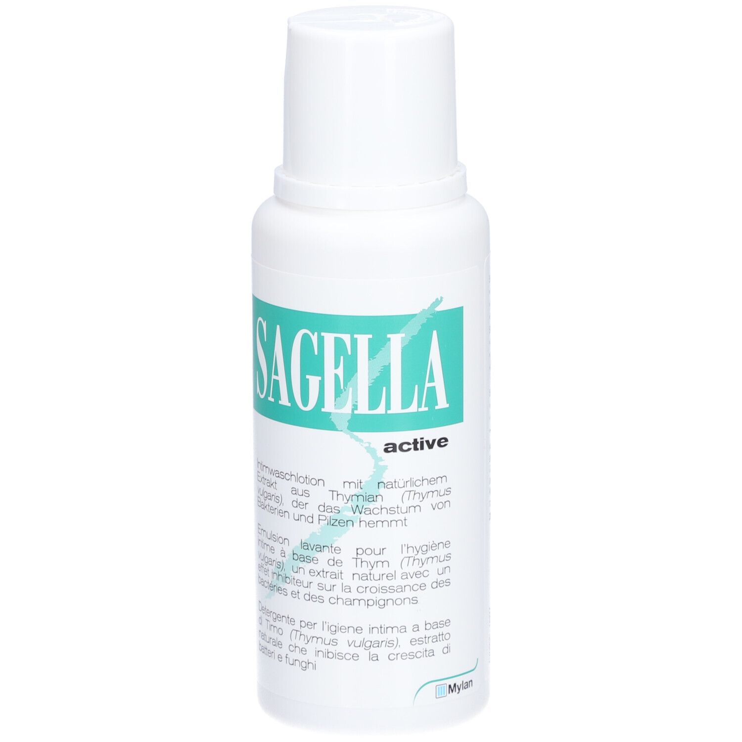 Flacon blanc avec étiquette verte. Inscription : Sagella active. Texte en allemand, italien, français.