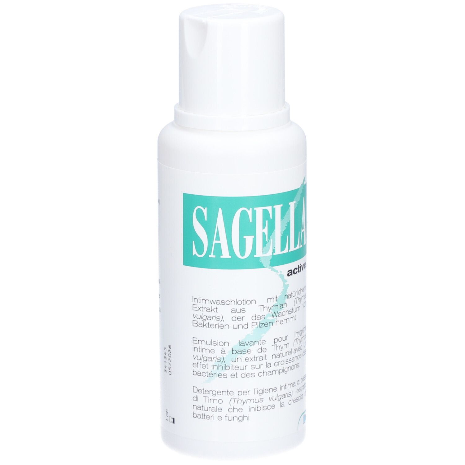Flacon blanc avec étiquette verte. Inscription : Sagella active. Texte en allemand, italien, français.
