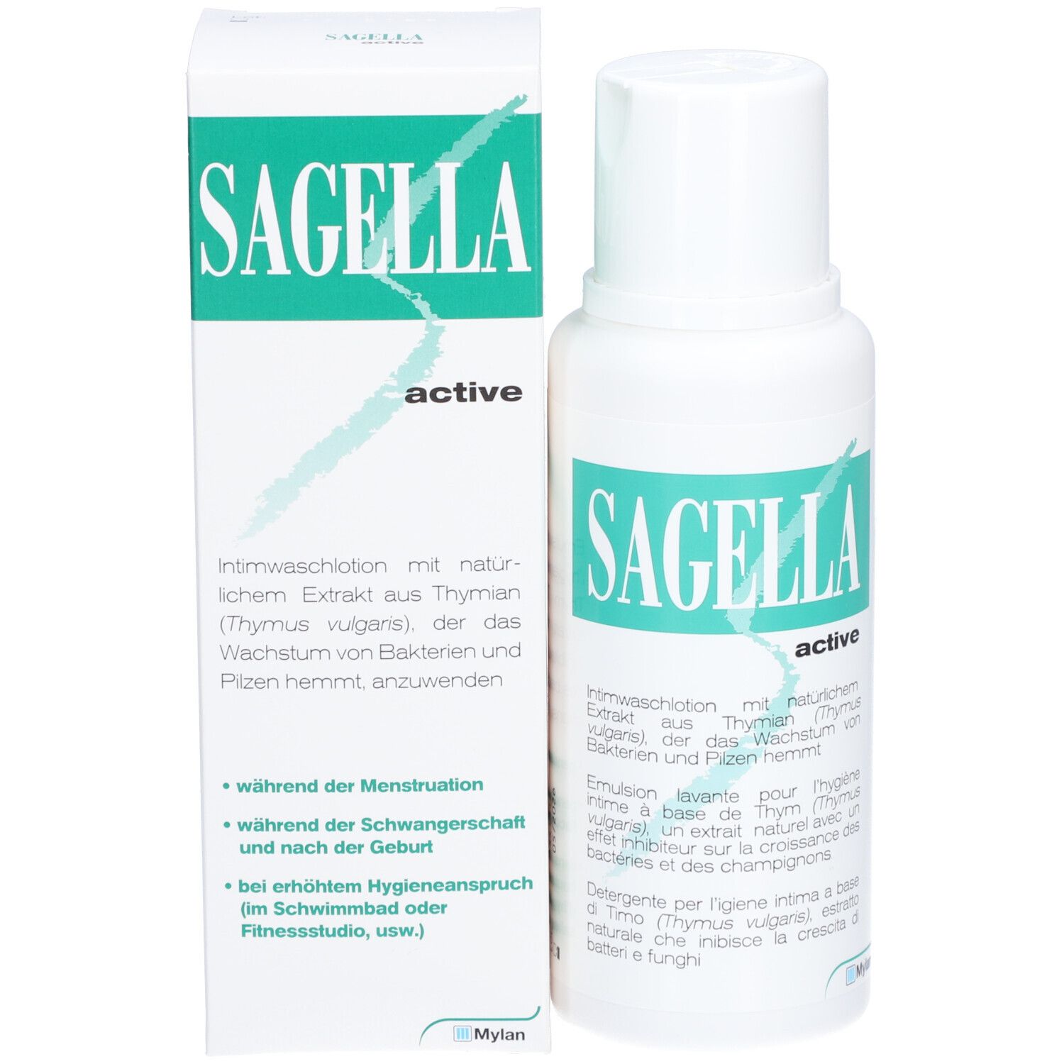Emballage et flacon du produit. Inscription : Sagella active. Texte en allemand, italien, français. Vert et blanc.