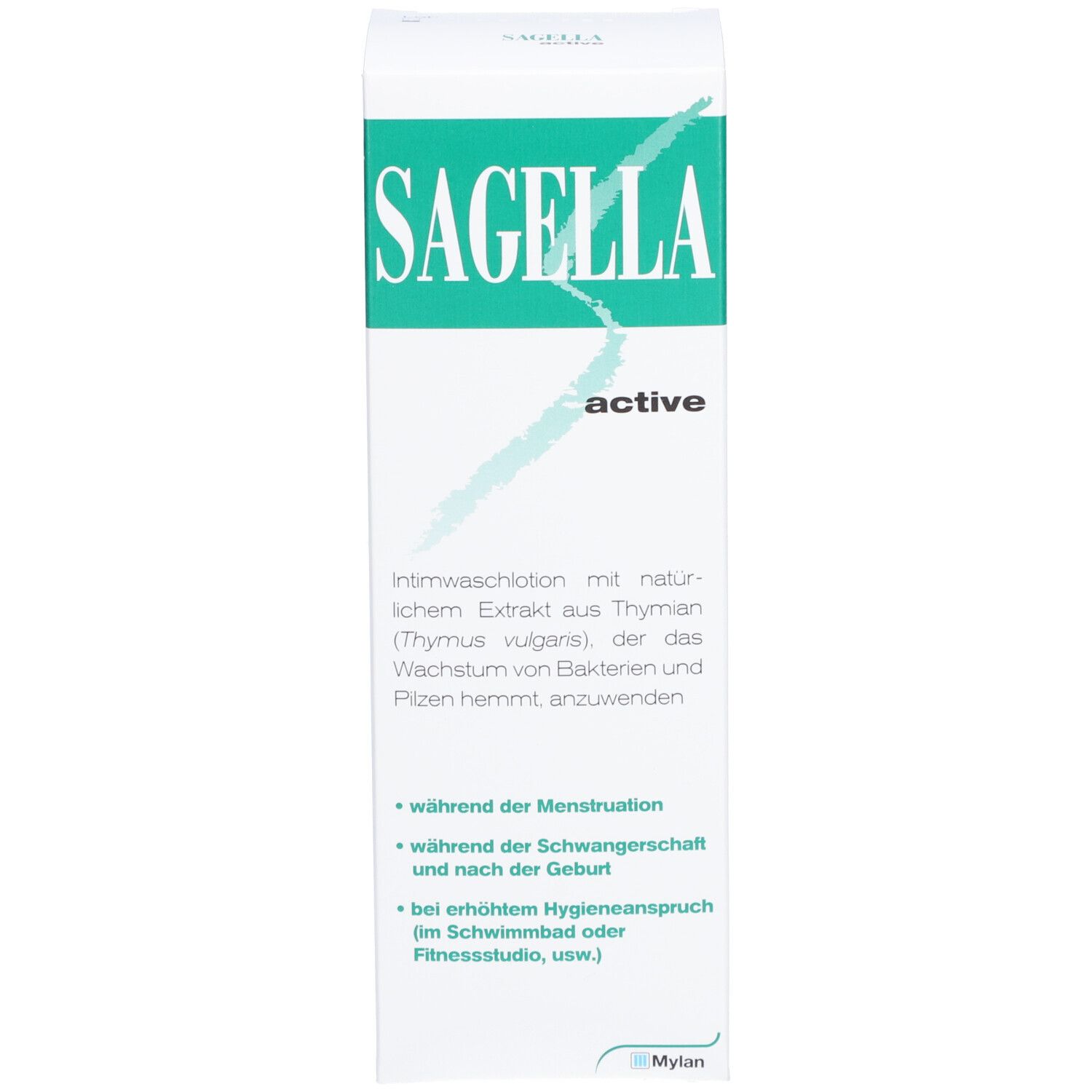 Emballage du produit. Inscription : Sagella active. Texte en allemand, italien, français. Vert et blanc.