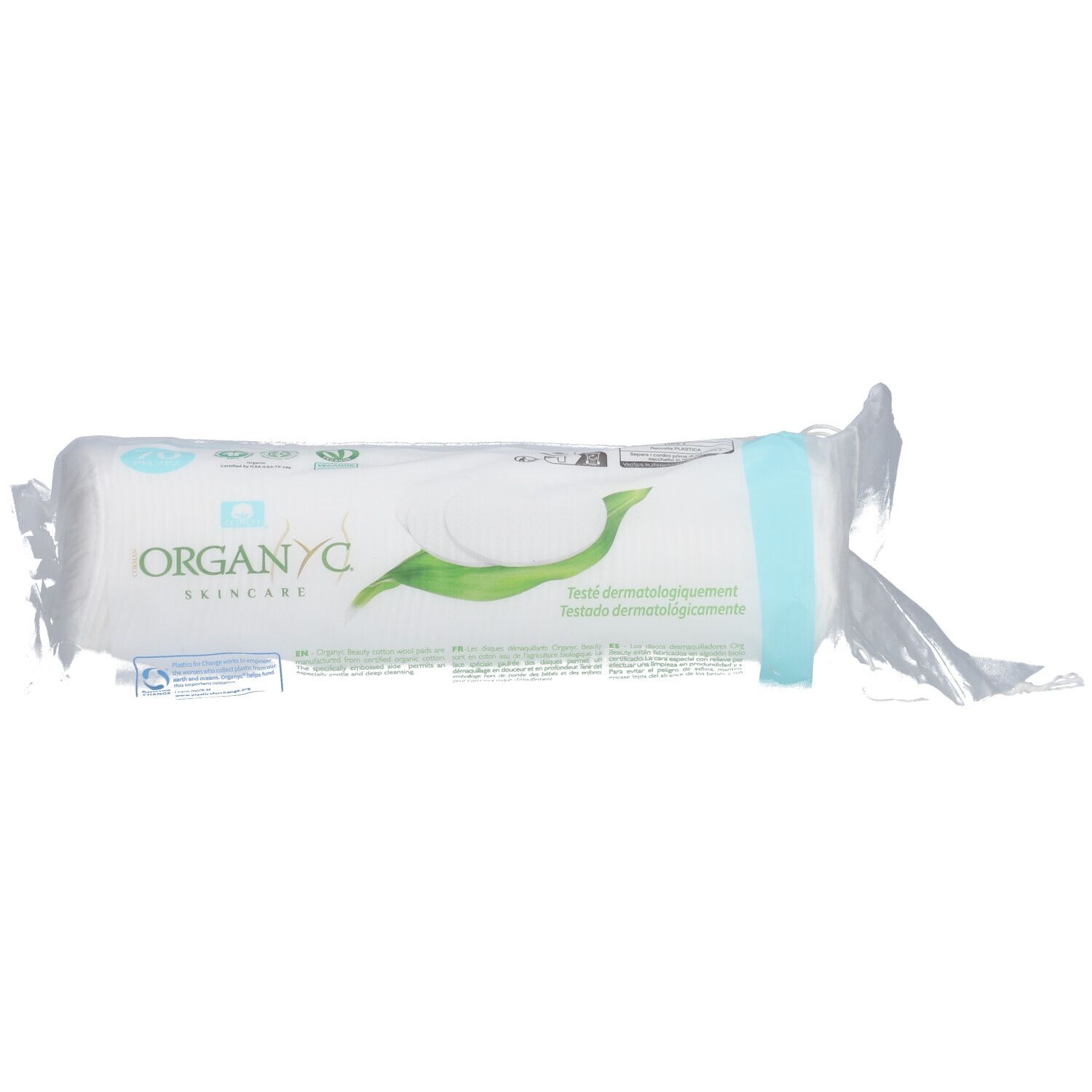 Organyc, cotons démaquillants en emballage plastique. Coton bio certifié. Emballage vert et blanc avec logo et texte.