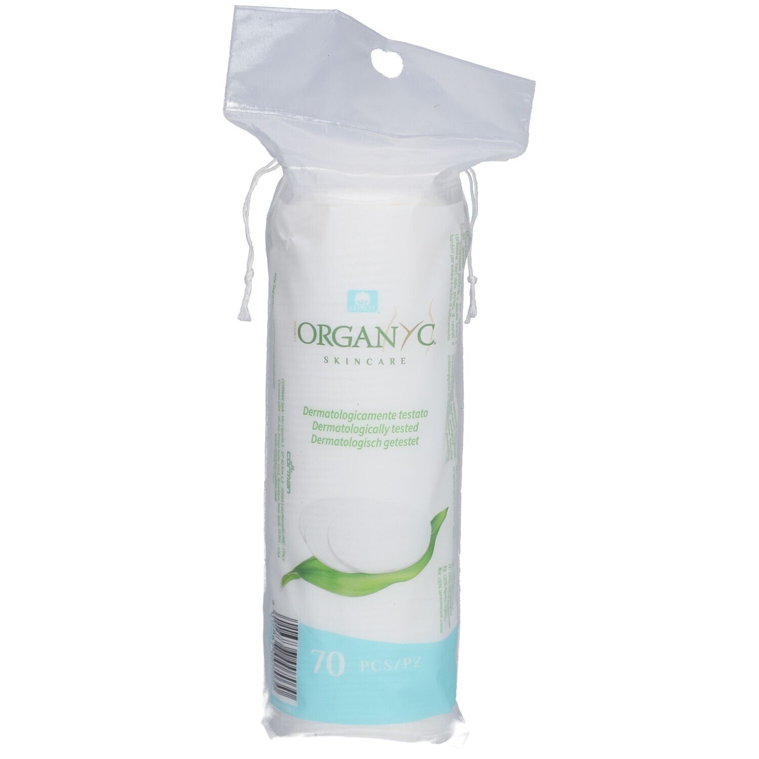 Organyc, cotons démaquillants en emballage transparent. 70 pièces. Coton bio certifié. Emballage vert et blanc avec logo.