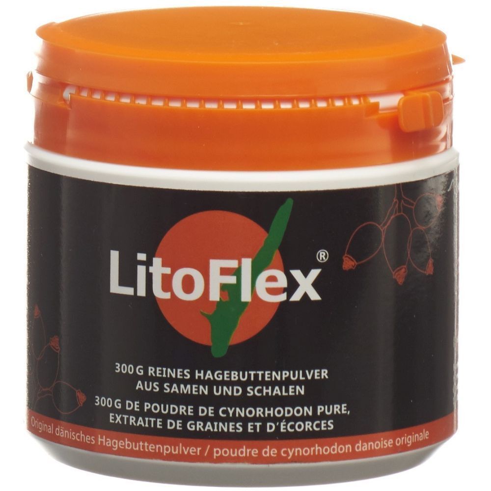 Pot LITOFLEX, couvercle orange, récipient noir. 300g poudre d'églantier pure. Texte : LitoFlex, logo, nom du produit.