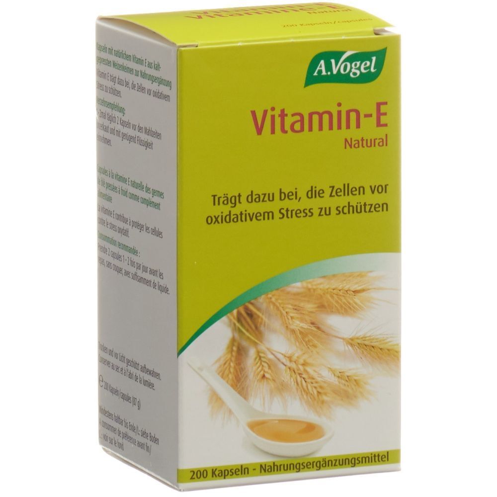 Boîte A. Vogel Vitamin-E, jaune. Inscription : Vitamin-E Natural. Contient 200 capsules. Épis de blé et huile.