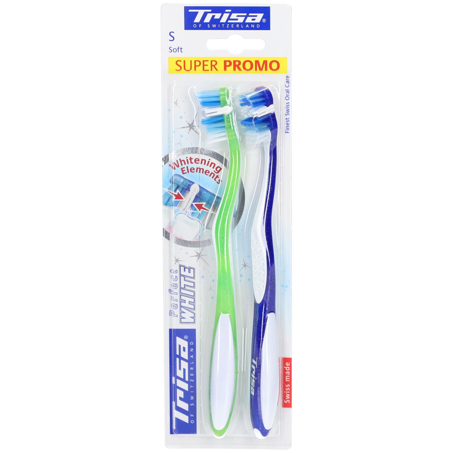 Deux brosses à dents dans un emballage. Vert et bleu, avec manche blanc. Inscription "Perfect White" et "Trisa".
