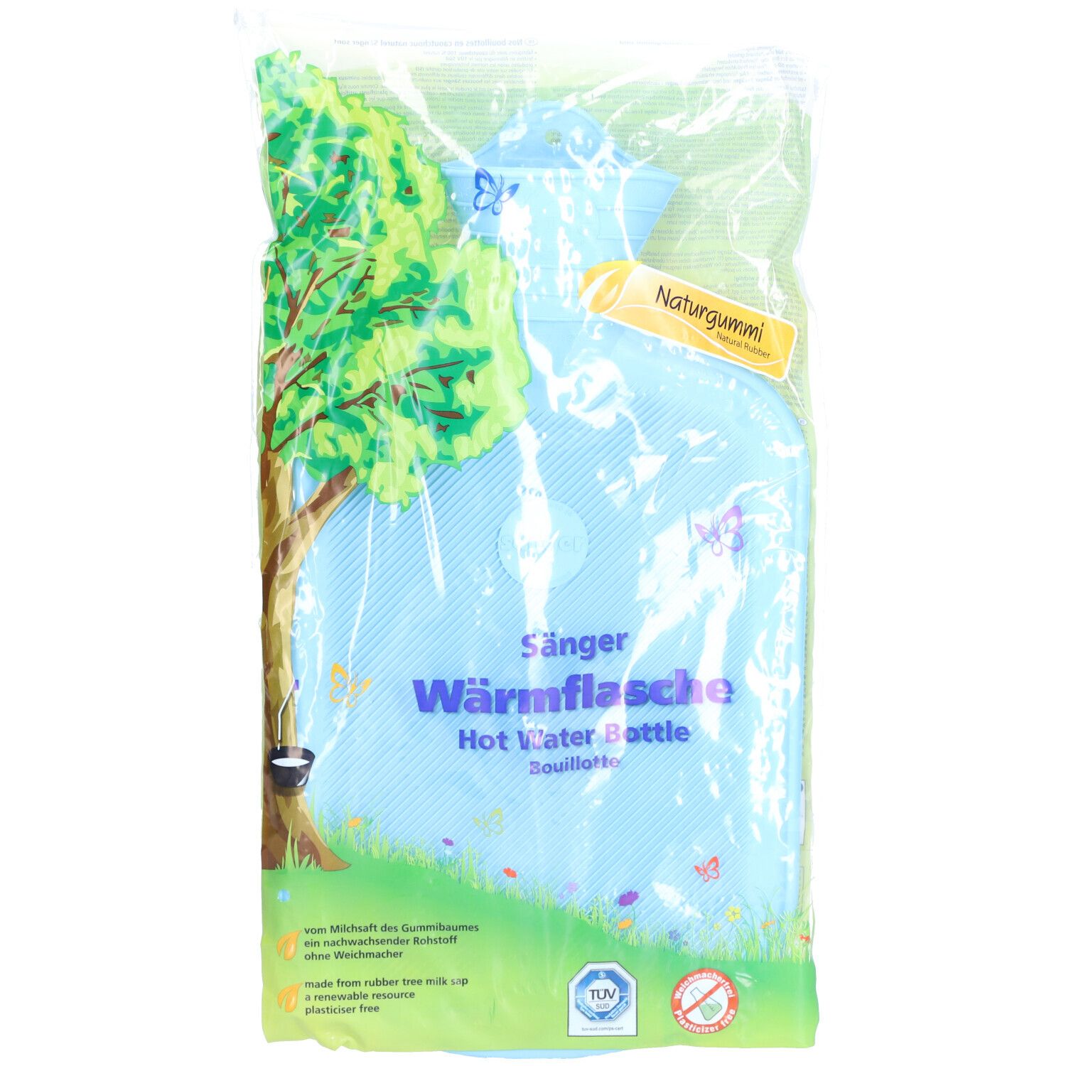 Bouillotte bleu clair dans un emballage plastique. Inscription : SÄNGER Wärmflasche, caoutchouc naturel. Label TÜV.