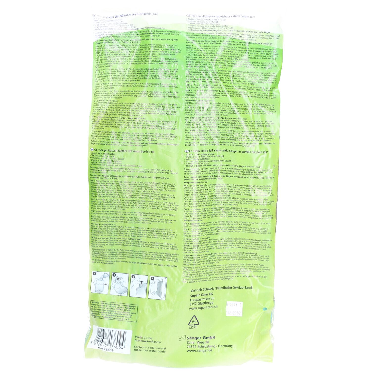 Dos de l'emballage plastique. Texte multilingue. Illustrations d'utilisation. Informations fabricant.