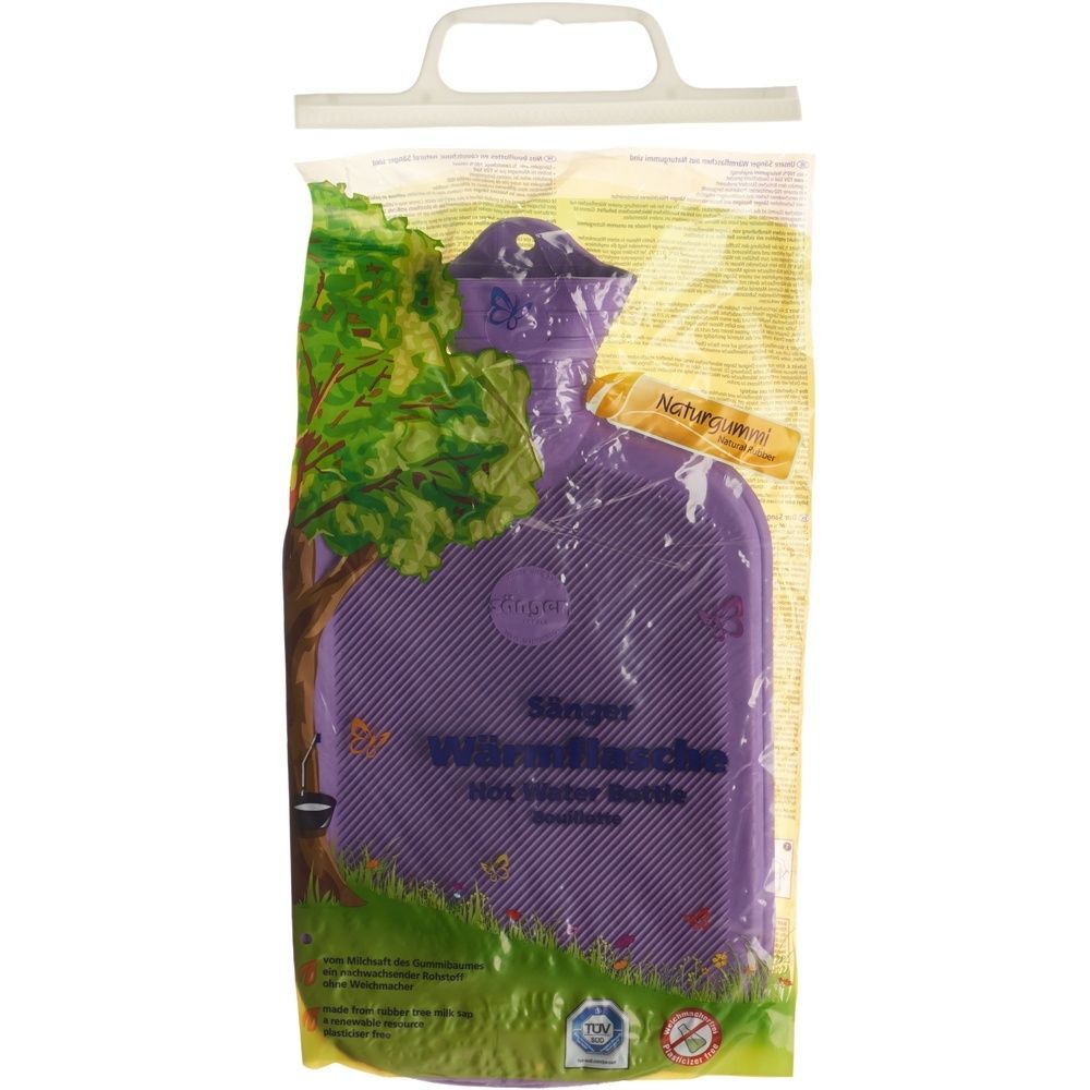 Bouillotte violette dans un emballage transparent avec poignée. Inscription : SÄNGER Wärmflasche. Motif à lamelles. Certifié TÜV.
