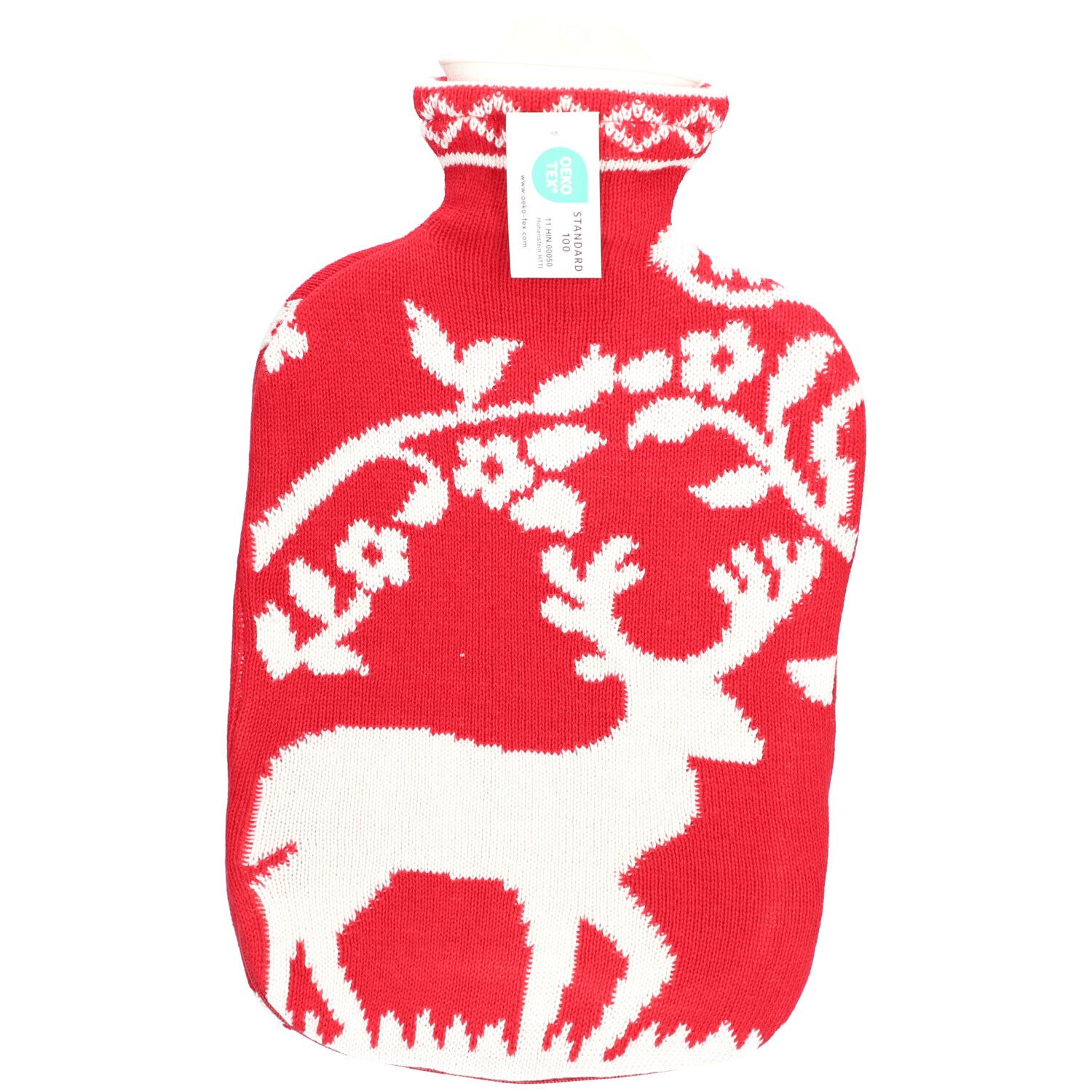 Bouillotte rouge avec motif cerf blanc et housse en tricot. Étiquette avec logo.