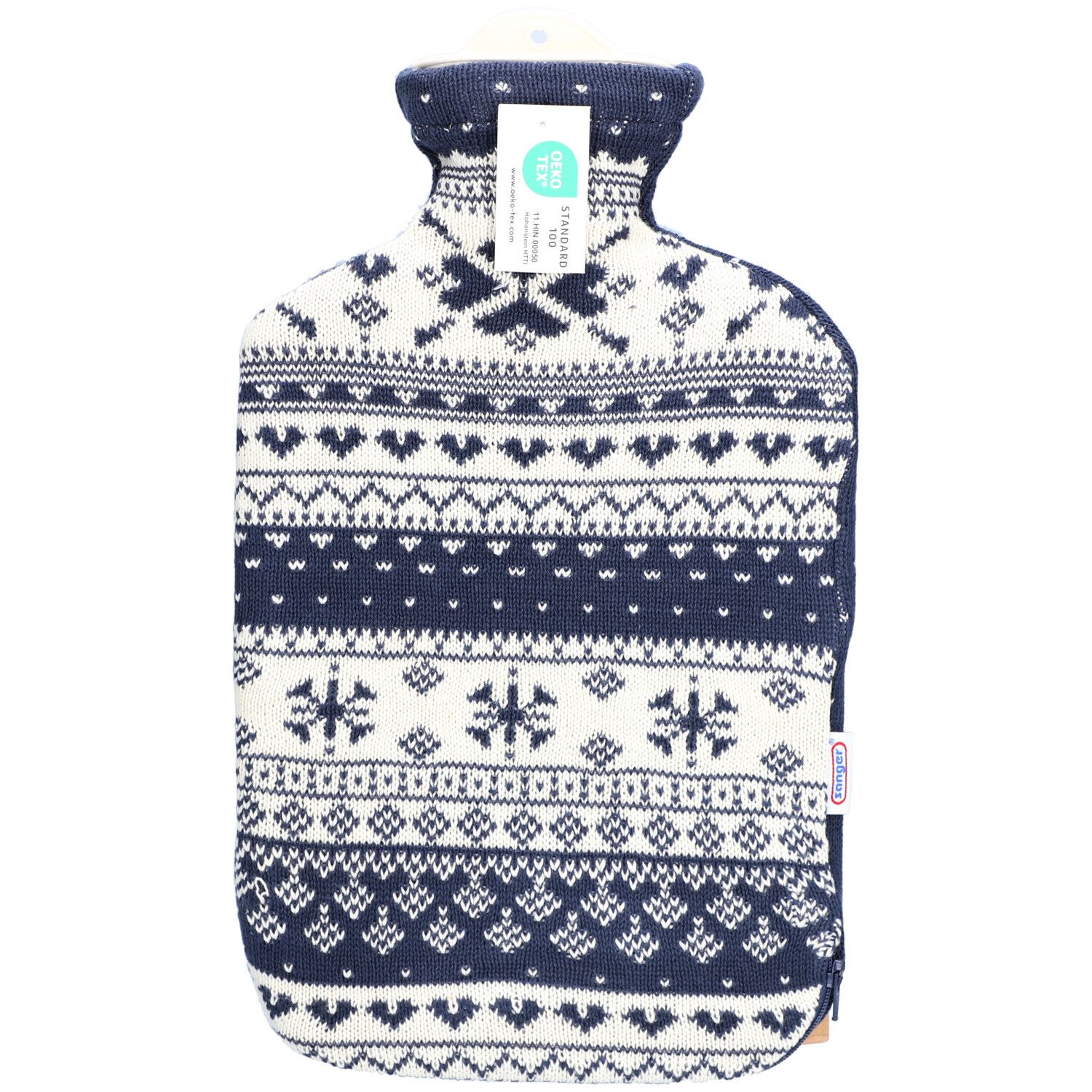 Bouillotte avec housse en tricot bleu et blanc à motif norvégien. Avec étiquette.