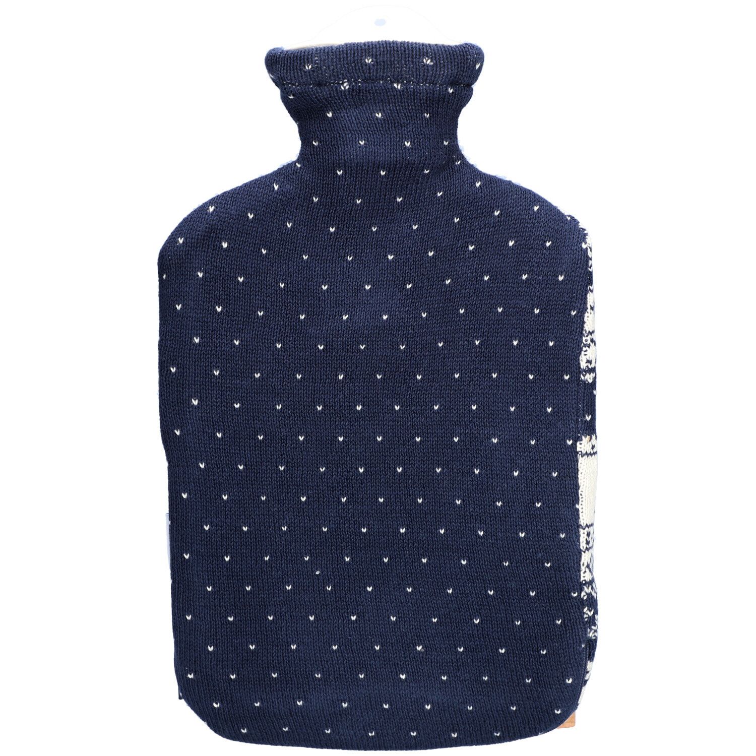 Bouillotte avec housse en tricot bleu à pois blancs. Vue arrière.
