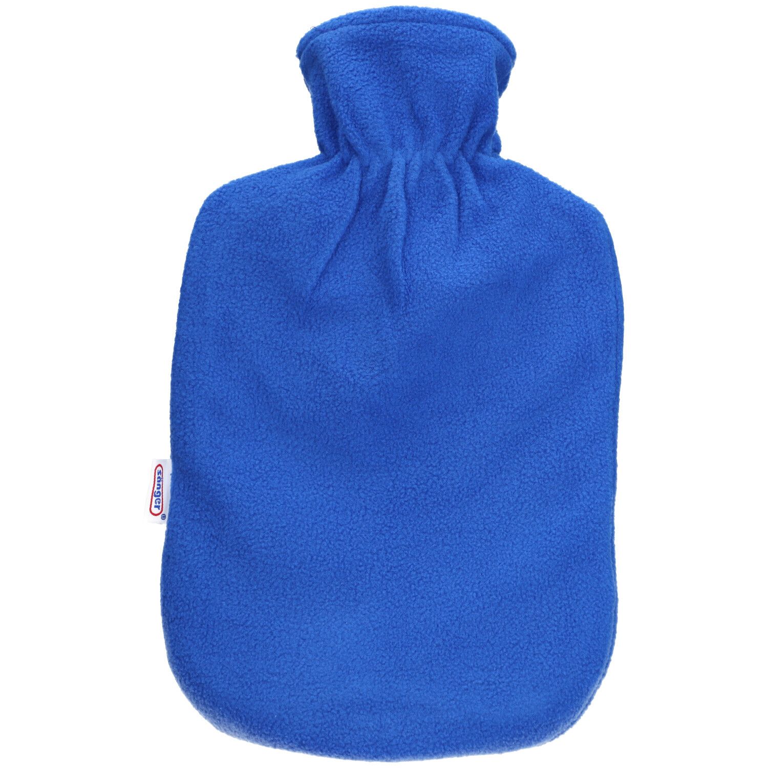 Bouillotte bleue avec housse en polaire. Col et fermeture. Petite étiquette visible.