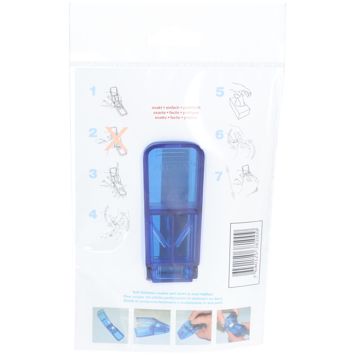 Dos du coupe-comprimés dans l'emballage. Illustration du coupe-comprimés bleu, instructions, code-barres.