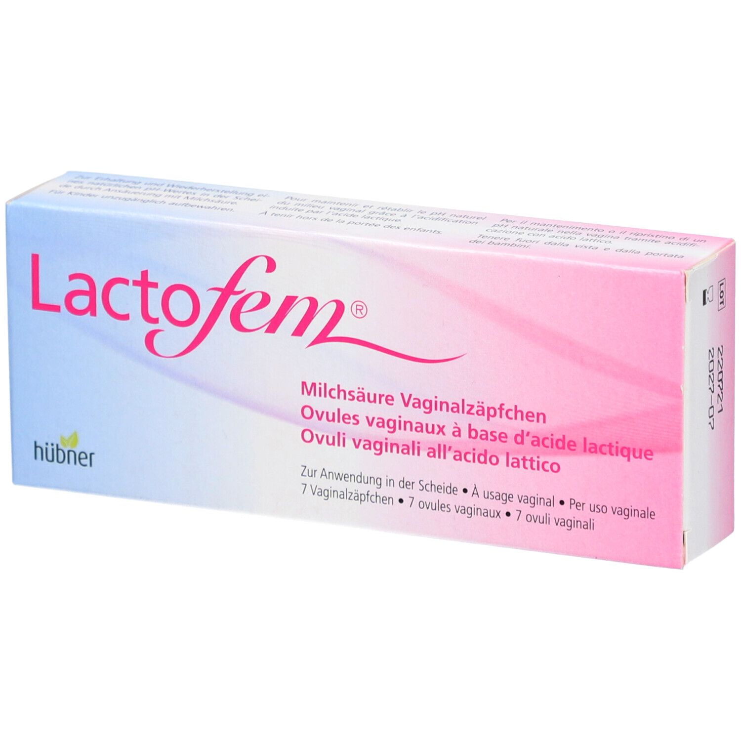 Boîte de LACTOFEM ovules vaginaux à l'acide lactique. Texte: 7 ovules vaginaux. Design rose et blanc.