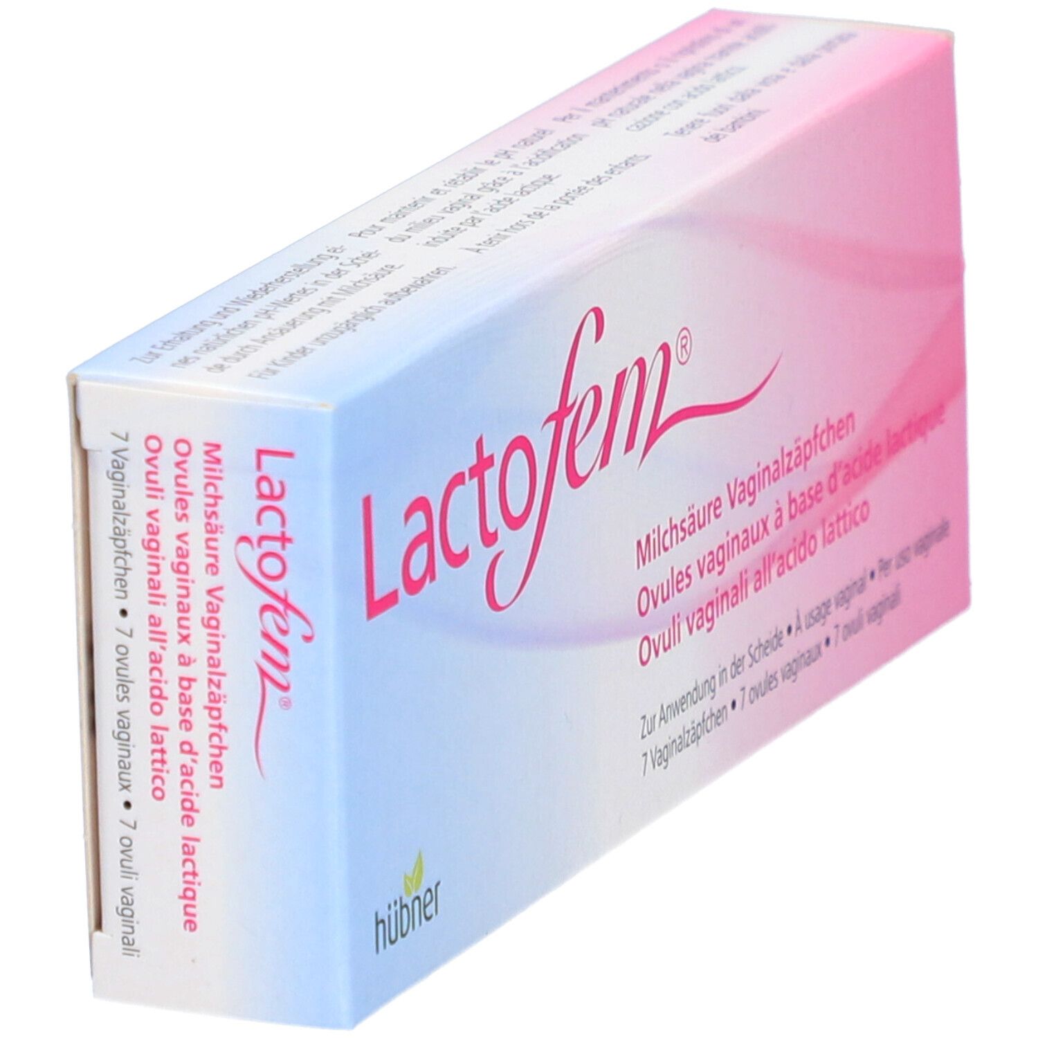 Boîte de LACTOFEM en biais. Texte: LACTOFEM, ovules vaginaux à l'acide lactique, 7 ovules. Design rose et blanc.