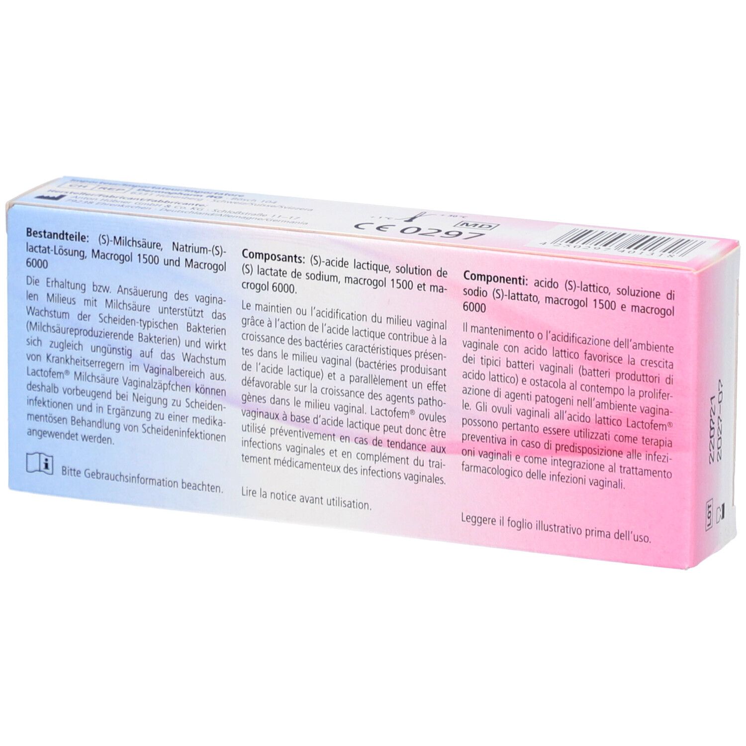 Dos de la boîte LACTOFEM. Texte: Ingrédients, mode d'emploi. Design rose et blanc.