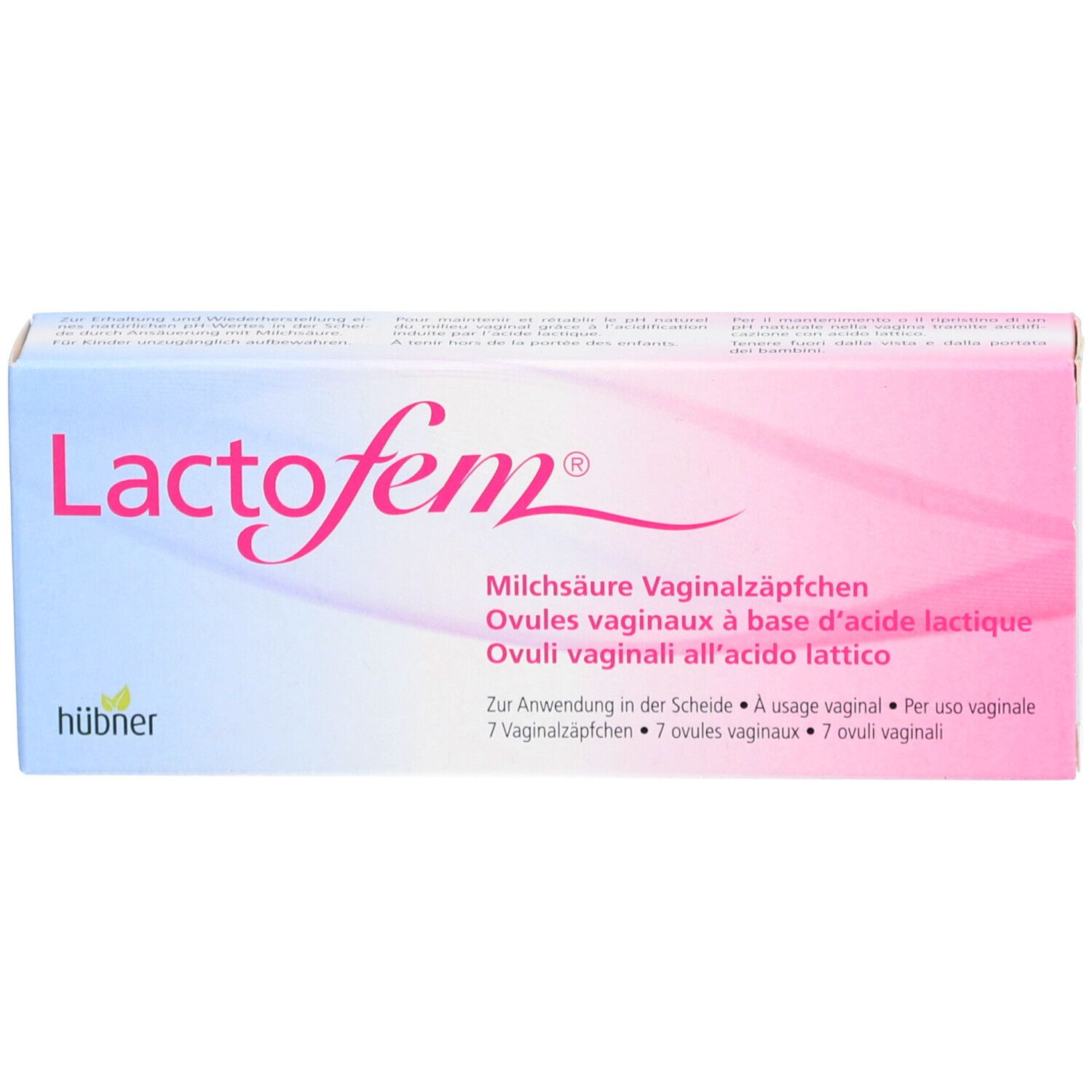 Boîte de LACTOFEM ovules vaginaux à l'acide lactique. Texte: 7 ovules vaginaux. Design rose et blanc.
