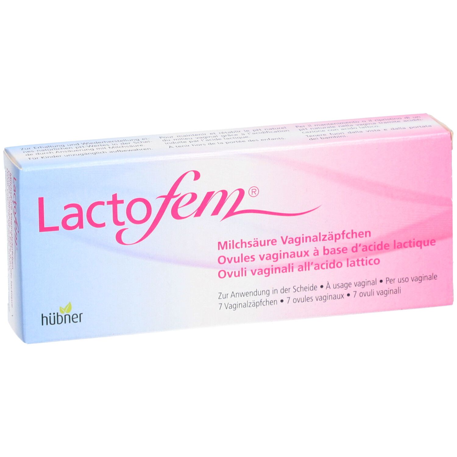 Boîte de LACTOFEM ovules vaginaux à l'acide lactique. Texte: 7 ovules vaginaux. Design rose et blanc.