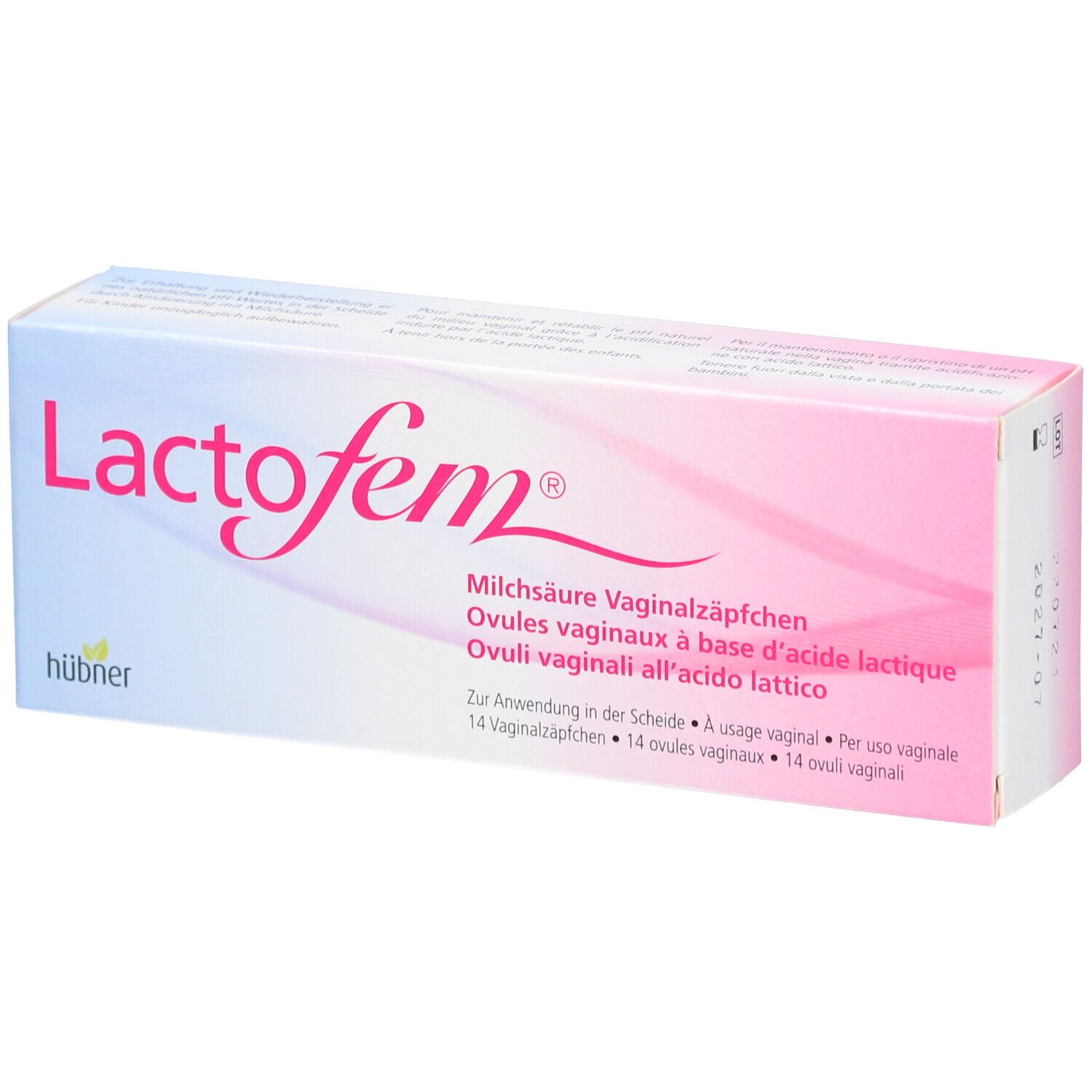 Boîte "Lactofem" avec 14 ovules vaginaux. Design rose et blanc. Fabricant : hübner.