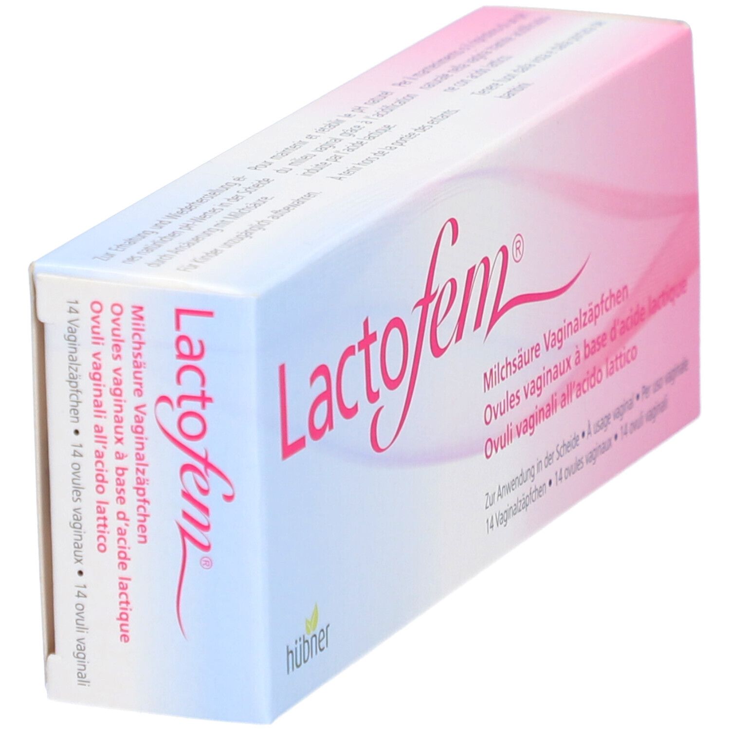 Emballage "Lactofem" en biais. Design rose et blanc. Texte en allemand, français, italien. Fabricant : hübner.
