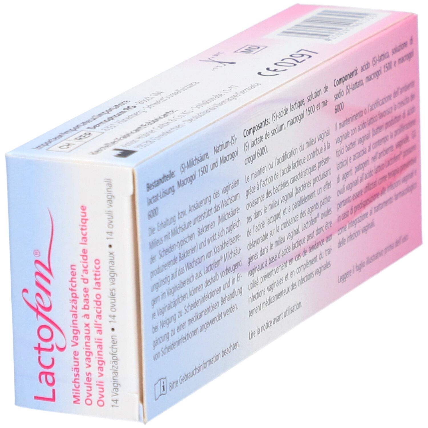 Dos incliné de l'emballage "Lactofem". Texte multilingue. Marquage CE.