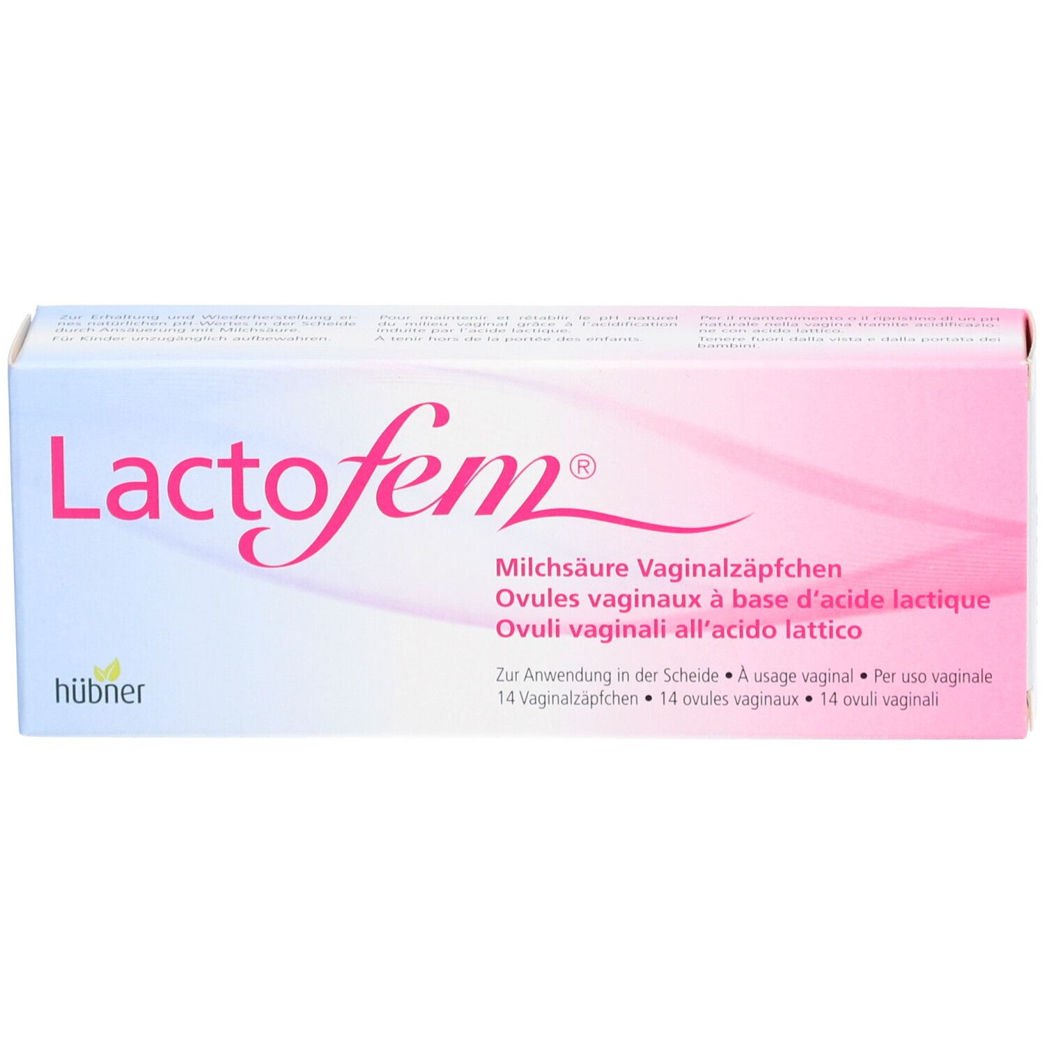 Emballage "Lactofem". Design rose et blanc. Contient 14 ovules vaginaux. Fabricant : hübner.