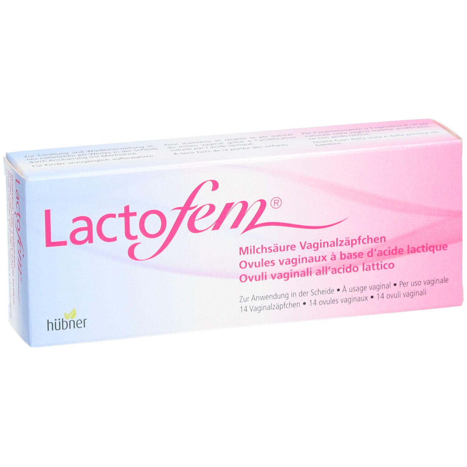 Emballage "Lactofem". Design rose et blanc. Contient 14 ovules vaginaux. Fabricant : hübner.
