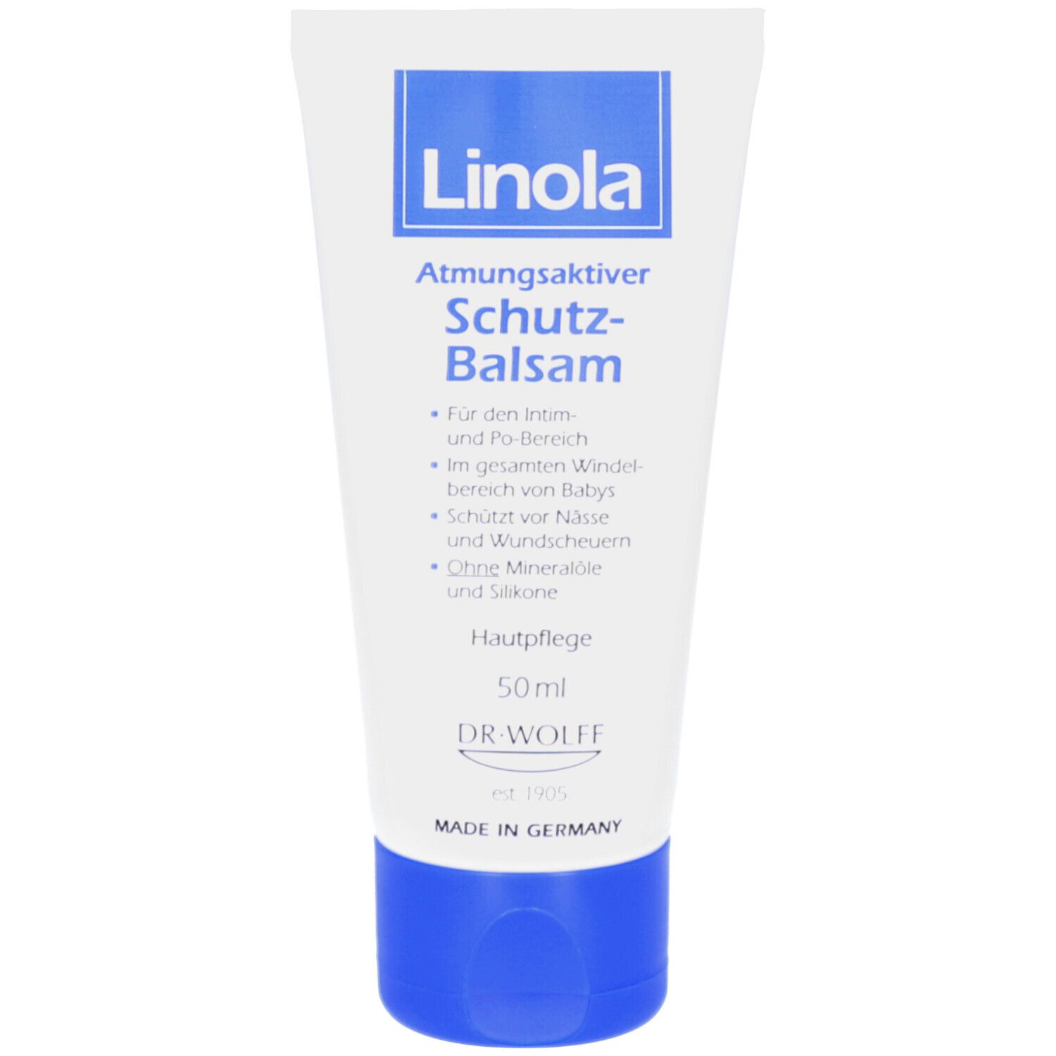Tube blanche et bleue. Inscription: Linola, Baume protecteur. 50ml. Dr. Wolff.