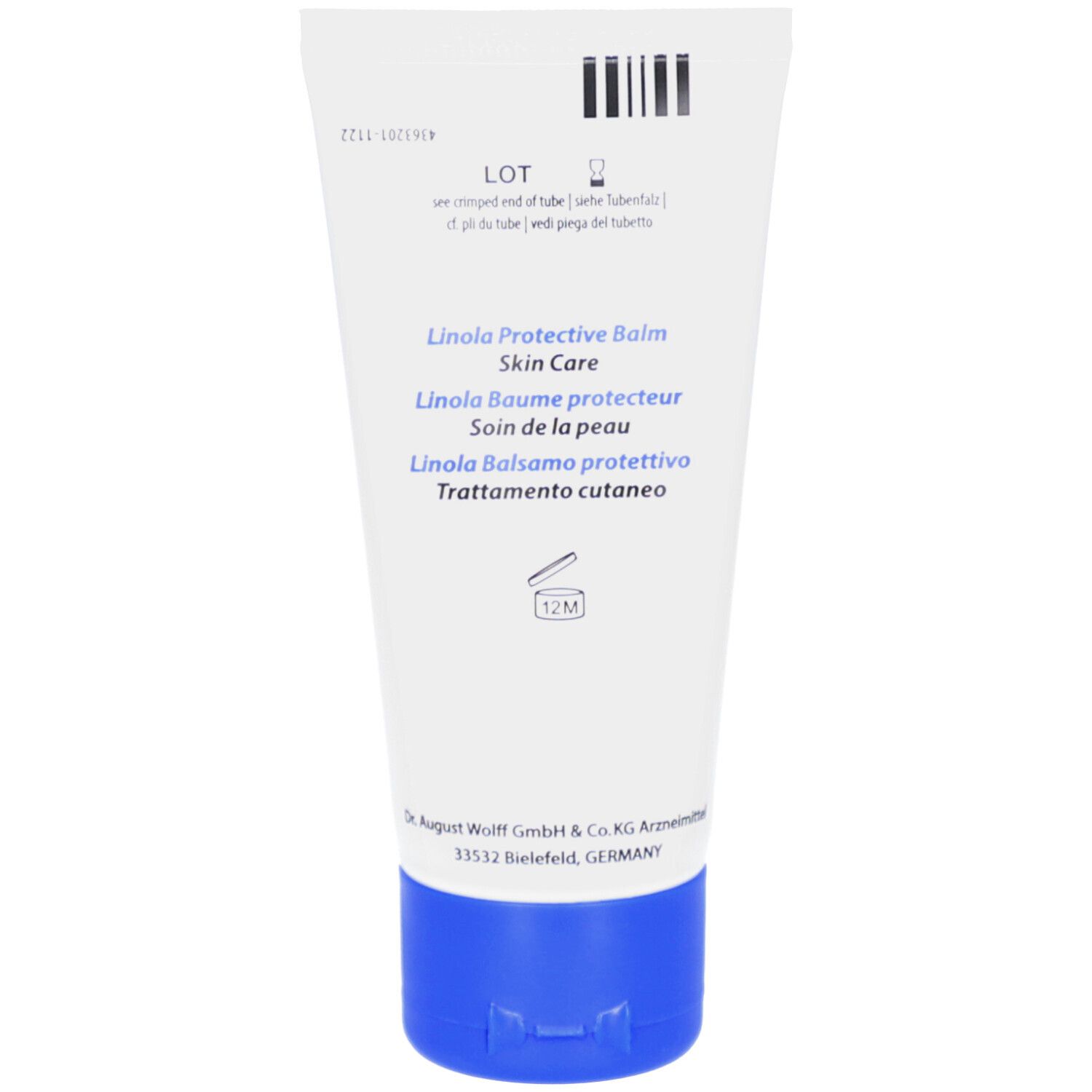 Tube blanc avec bouchon bleu. Texte multilingue au dos. Code-barres.