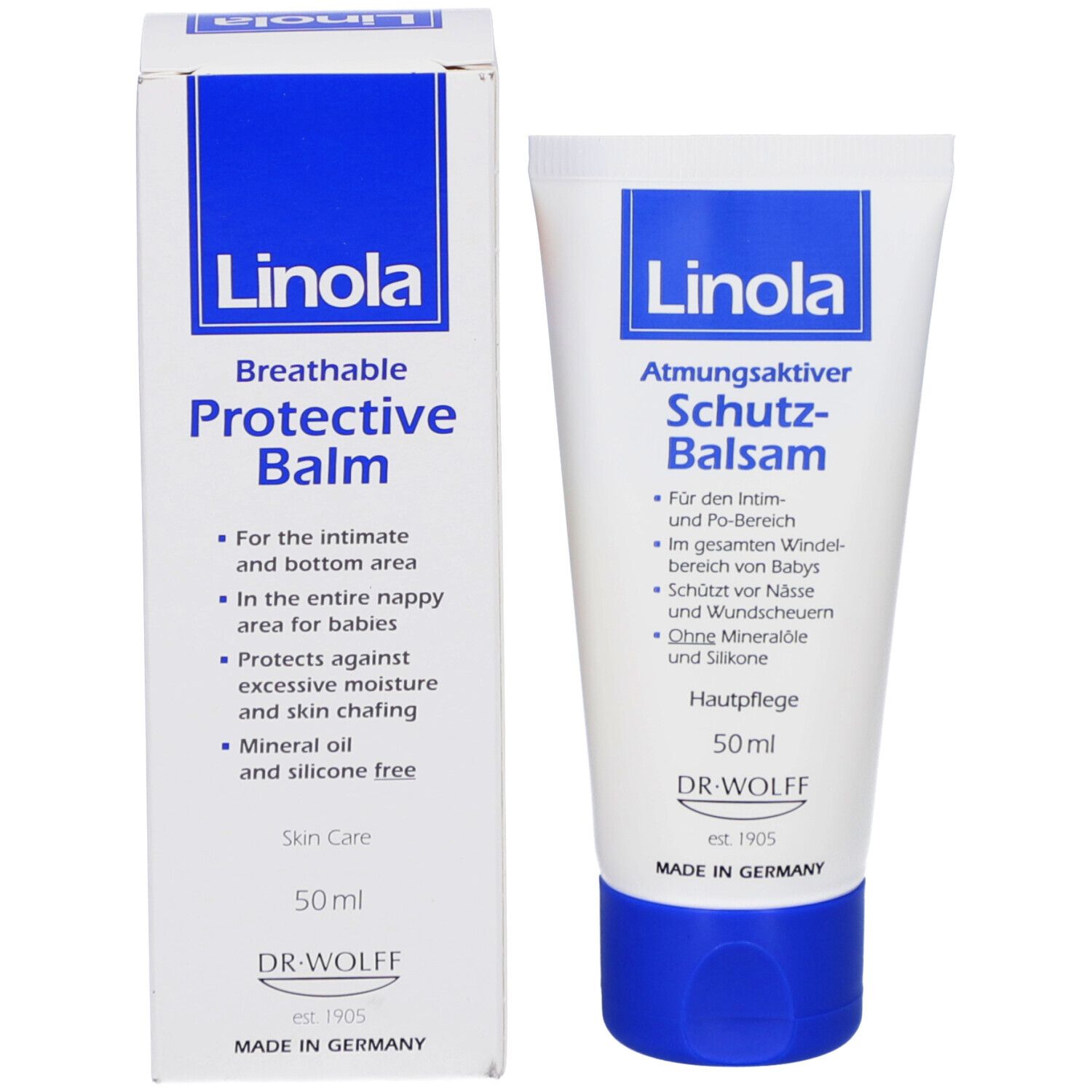 Emballage du produit: tube et boîte. Inscription: Linola, Protective Balm. 50ml.