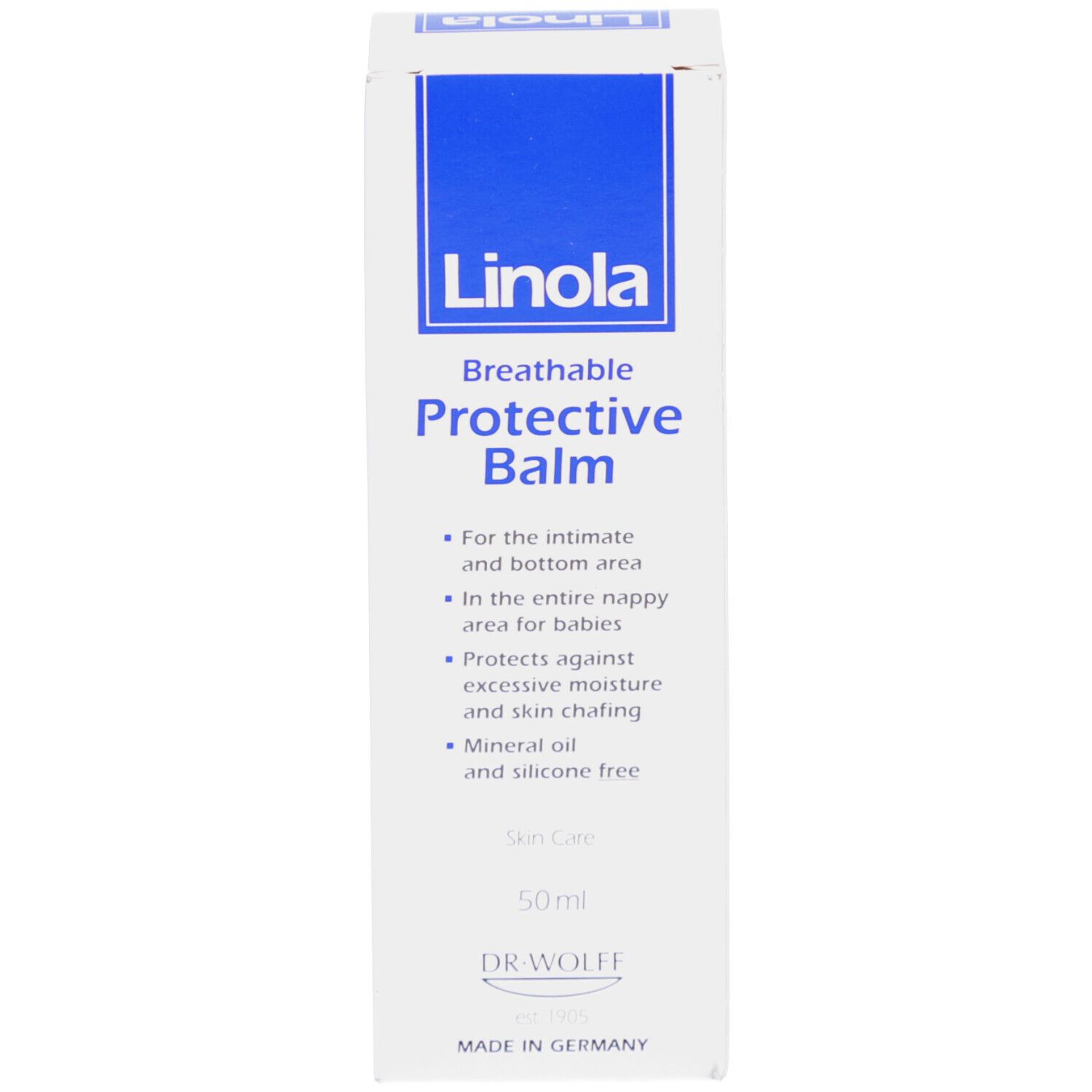 Boîte blanche avec inscription bleue: Linola, Protective Balm. 50ml. Dr. Wolff.