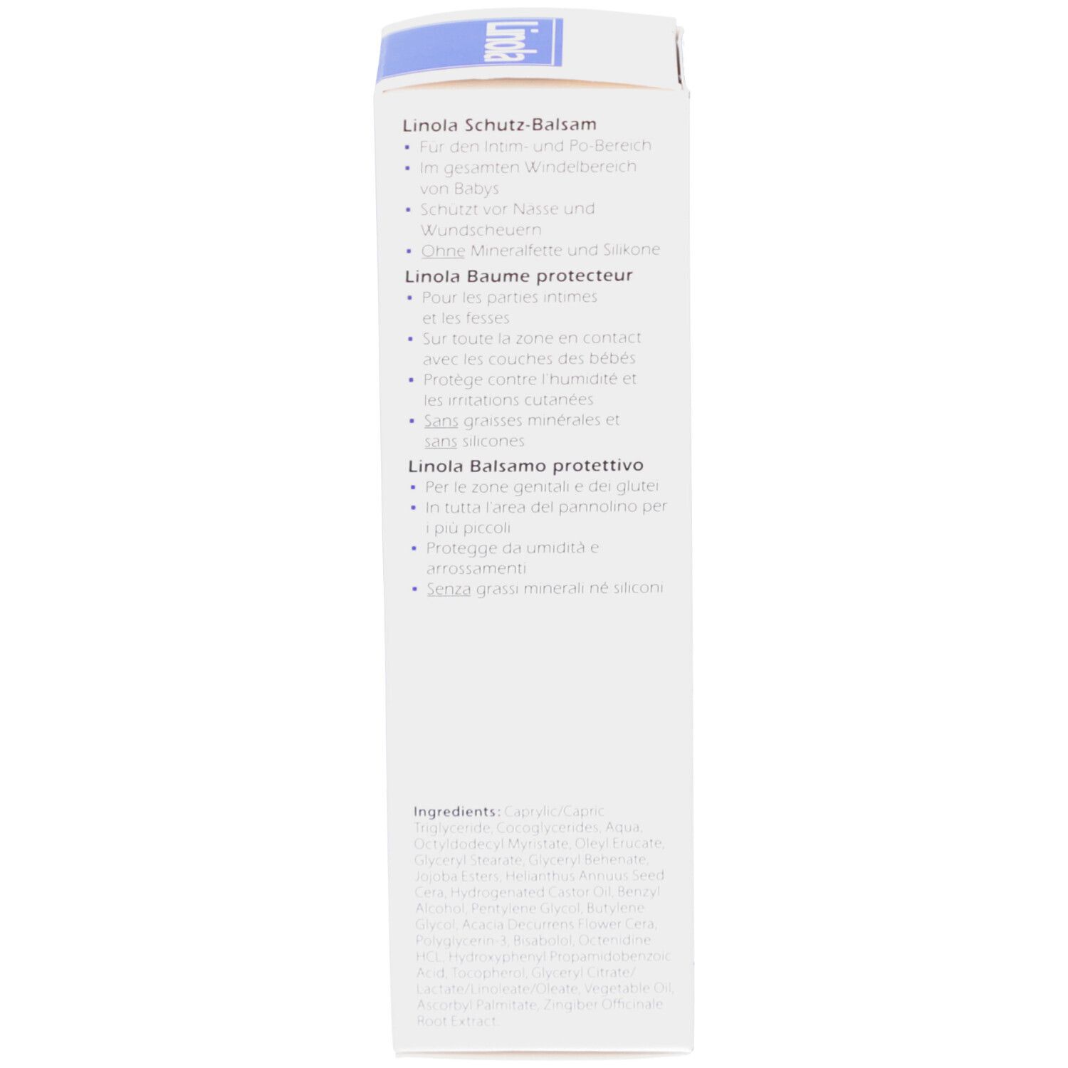 Boîte blanche, texte multilingue. Ingrédients et informations fabricant.
