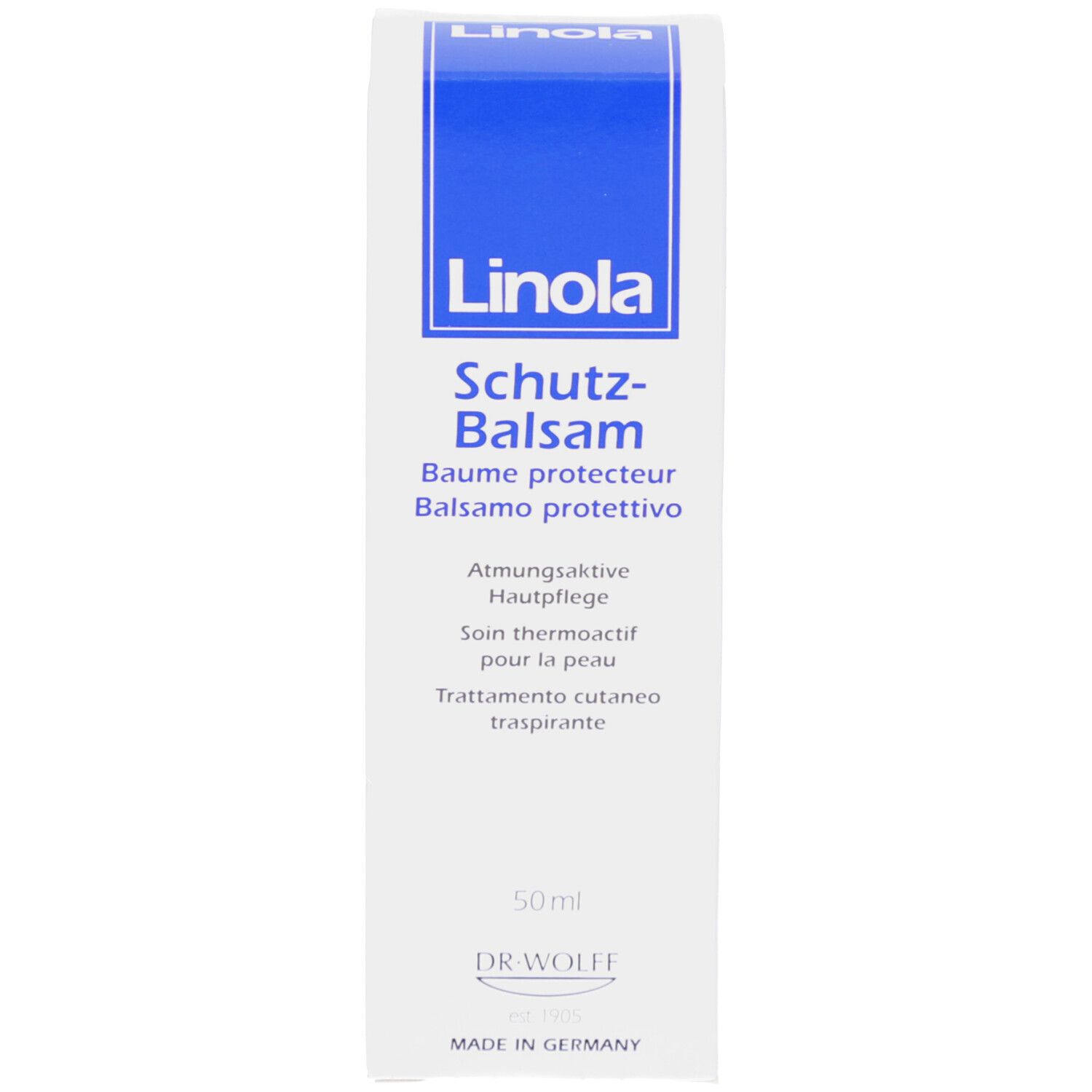 Boîte blanche avec inscription bleue: Linola, Baume protecteur. 50ml.