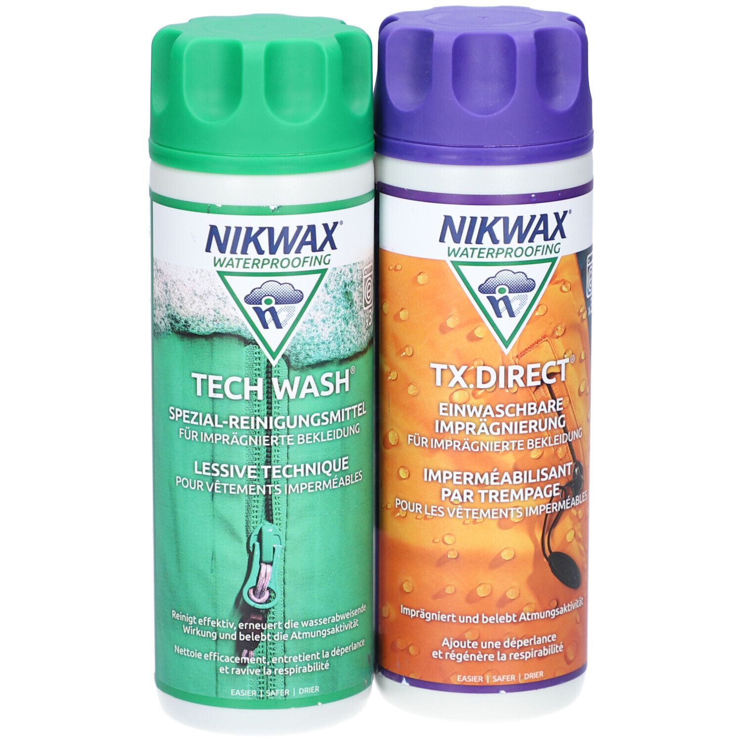Deux flacons Nikwax Tech Wash et TX.Direct. Vert et violet. Texte et logos sur les flacons. Bouchons rainurés.