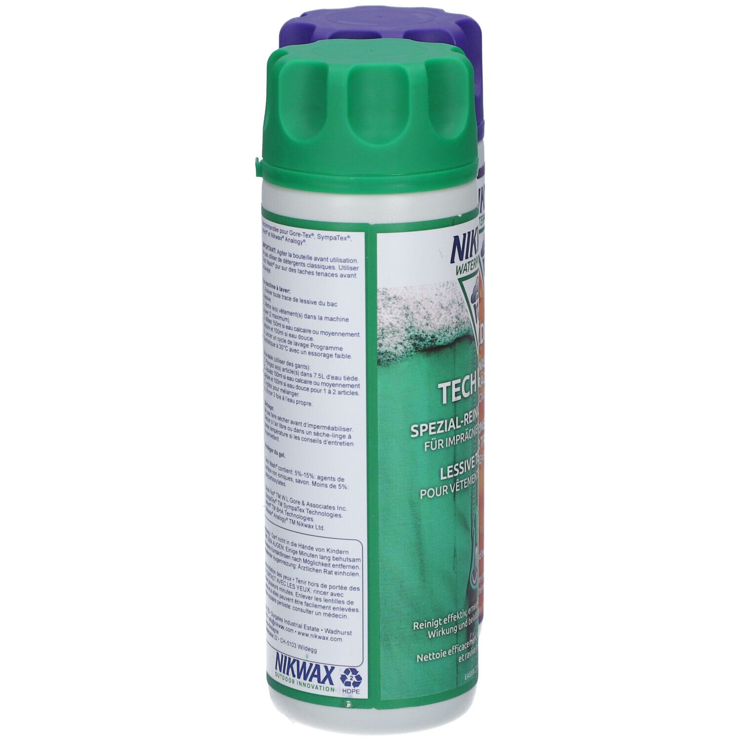 Flacons Nikwax Tech Wash et TX.Direct. Vert et violet. Texte et logos. Dos avec texte. Bouchons rainurés.