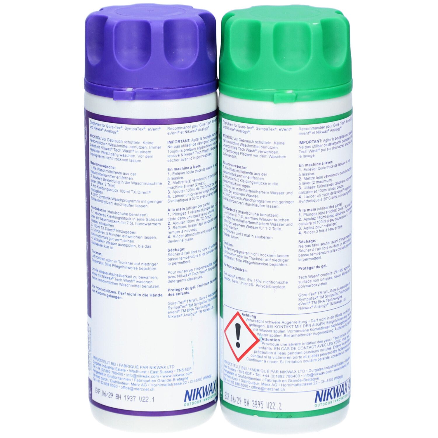 Dos des flacons Nikwax Tech Wash et TX.Direct. Texte et logos. Vert et violet. Bouchons rainurés.