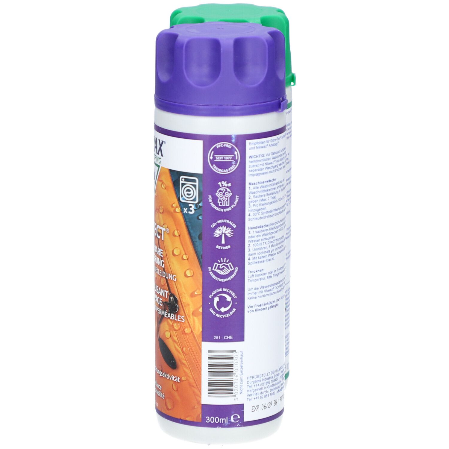 Flacon Nikwax TX.Direct. Violet. Texte et logos. Symbole de machine à laver. 300ml. Bouchon rainuré.