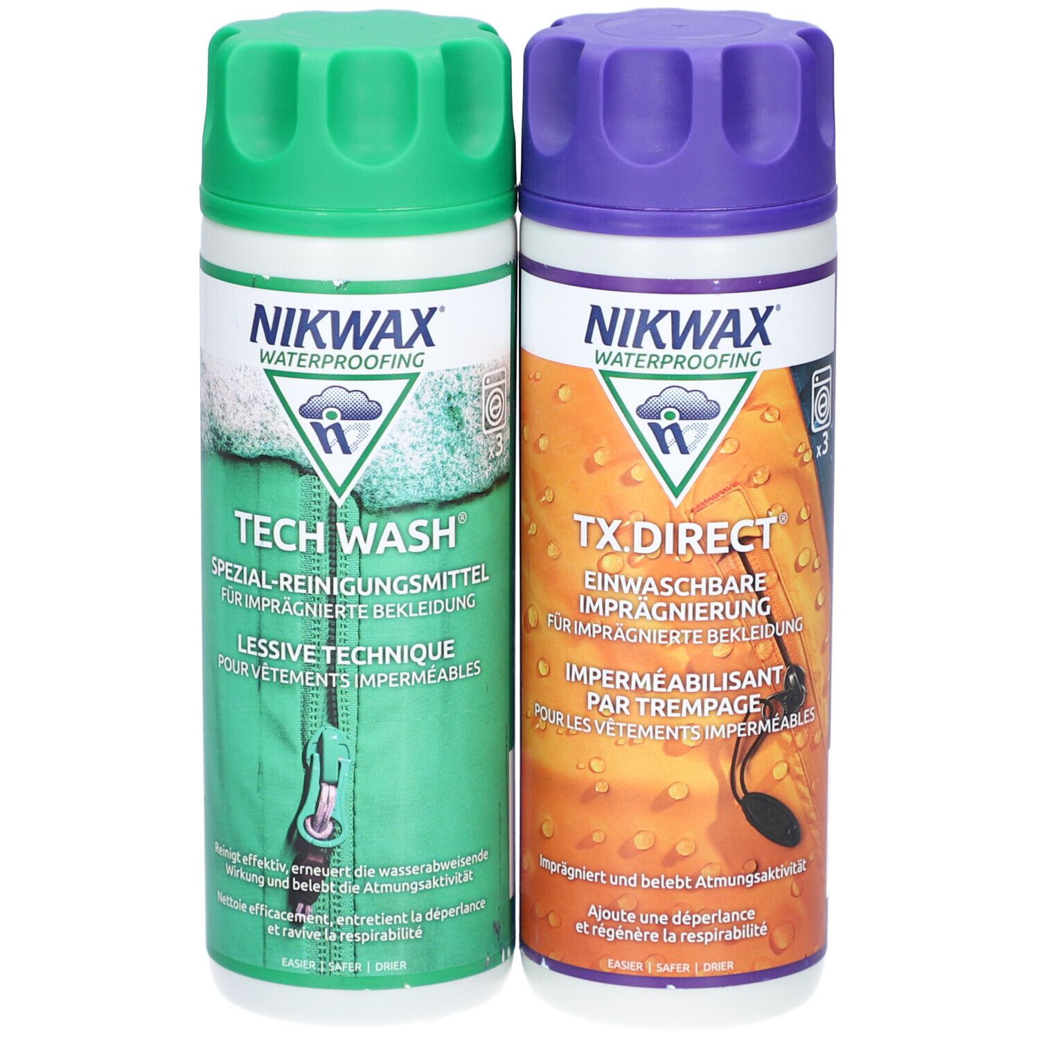 Deux flacons Nikwax Tech Wash et TX.Direct. Vert et violet. Texte et logos. Bouchons rainurés.