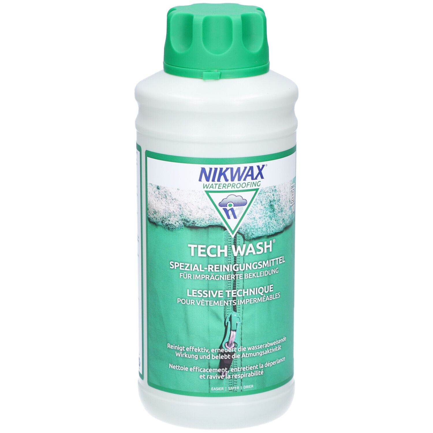 Flacon blanc avec bouchon vert. Inscription : Nikwax Tech Wash. Lessive technique pour vêtements imperméables. Flacon debout.