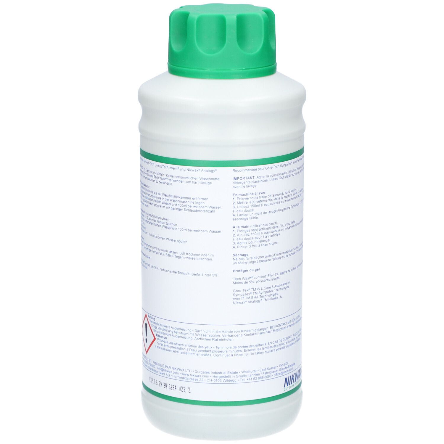 Dos du flacon blanc avec bouchon vert. Texte en plusieurs langues. Symbole de danger. Flacon debout.